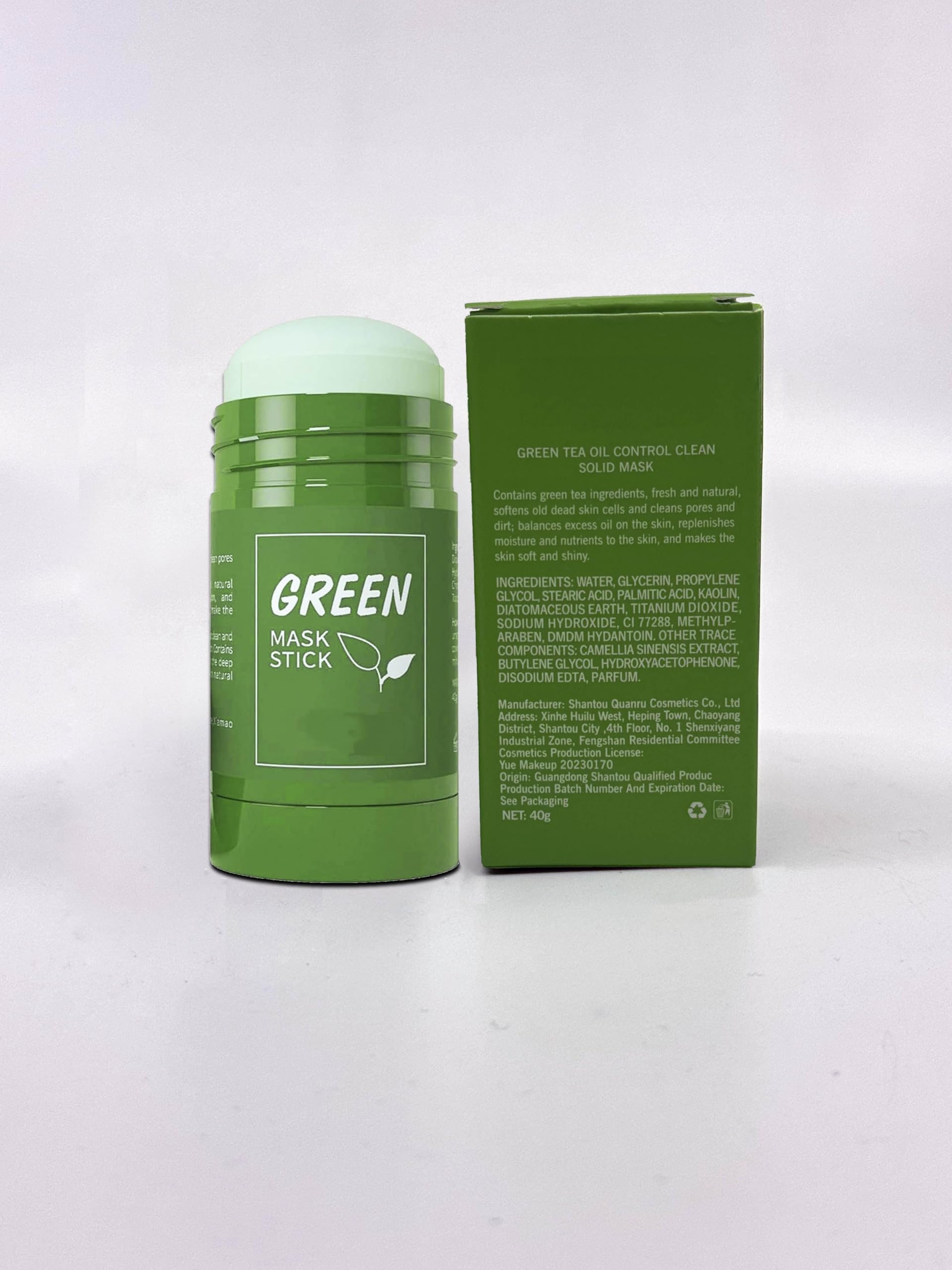 LEDeng green tea purifying clay mask stick open container showing the solid green paste texture