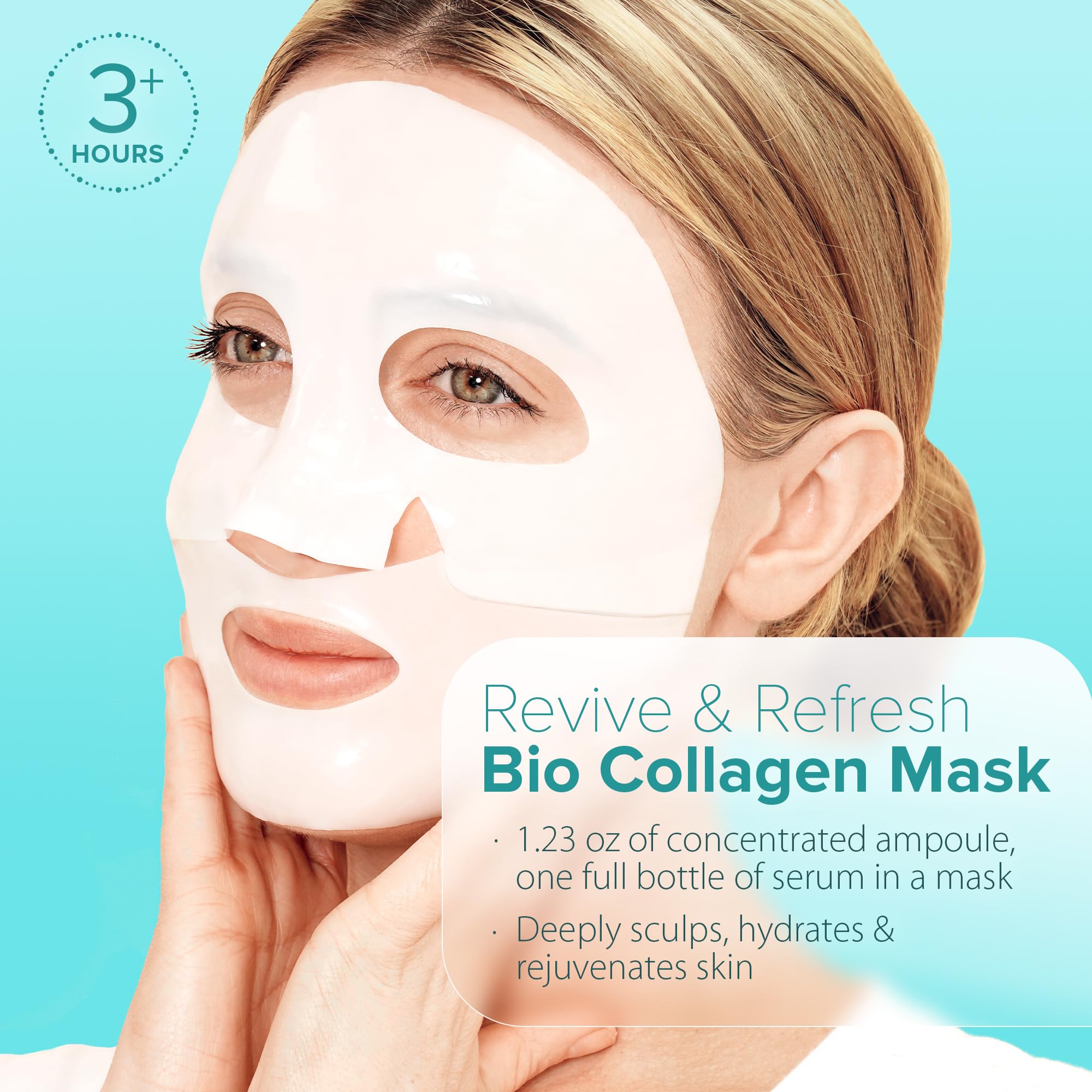 Close-up of the Ebanel Bio Collagen Revive Mask packaging detailing the seven peptides and hyaluronic acid ingredients.