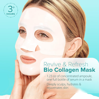 Close-up of the Ebanel Bio Collagen Revive Mask packaging detailing the seven peptides and hyaluronic acid ingredients.