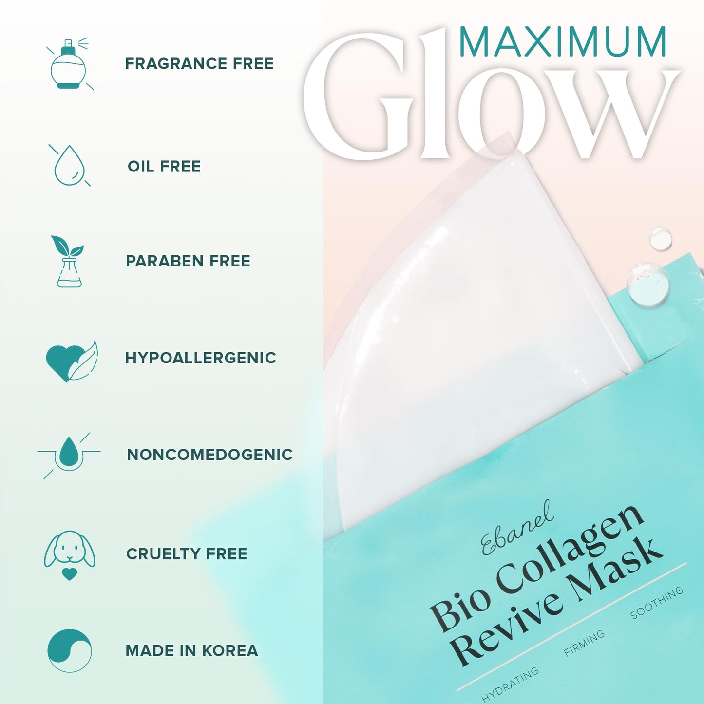 Ebanel skincare face mask packaging emphasizing the ultra-low-molecular-weight hydrolyzed collagen content.