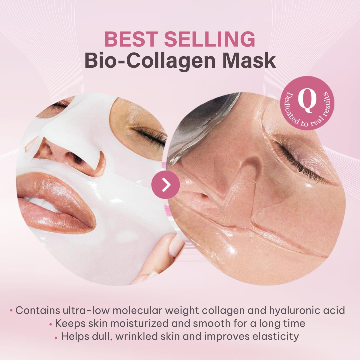 Quasi Korean skincare sheet mask packaging showcasing low molecular collagen benefits