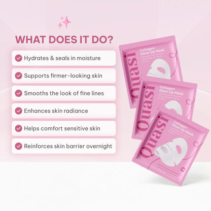 Quasi overnight hydrating sheet mask box side profile showing authenticity details