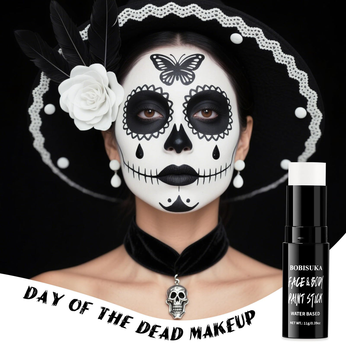 Bobisuka white face paint stick displayed with application sponge and brushes