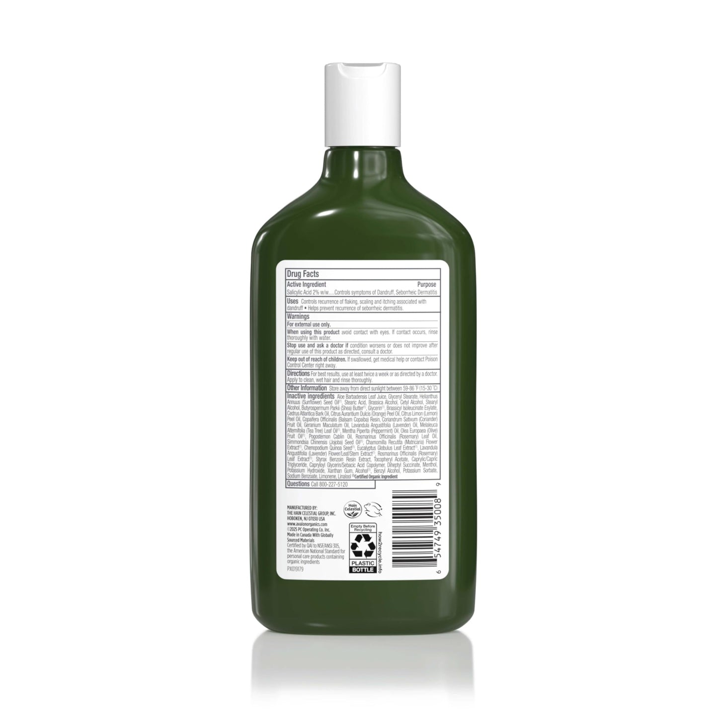 Avalon Organics medicated anti dandruff shampoo formula ingredients label close up