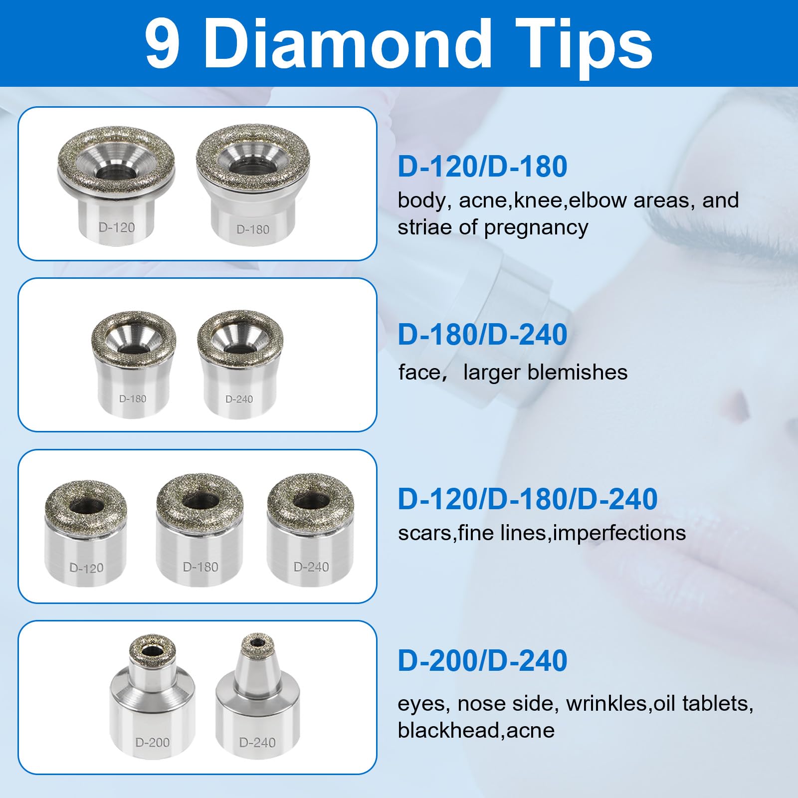 Stainless steel diamond dermabrasion wands with multiple replacement heads for facial exfoliation