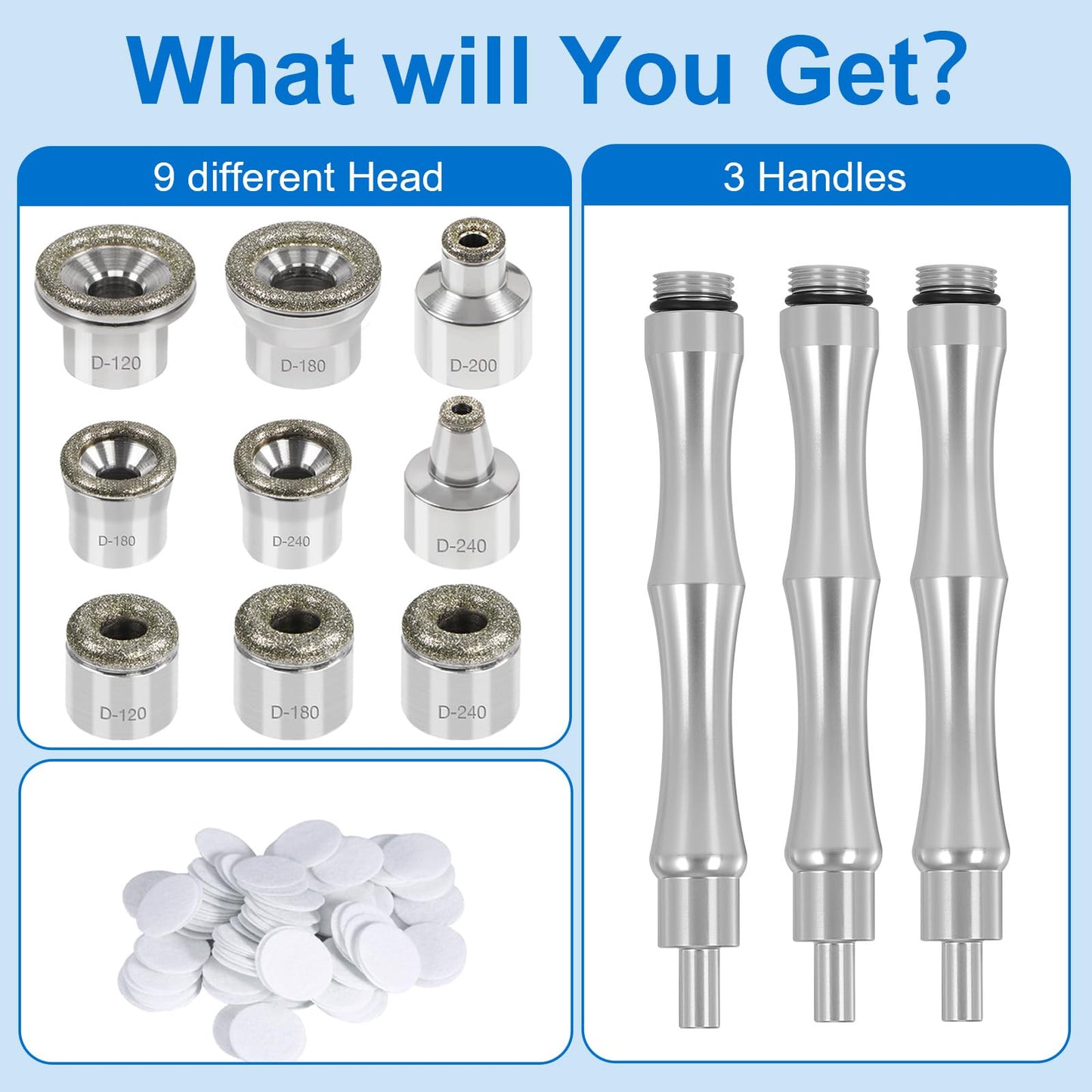 Different sizes of diamond microdermabrasion replacement tips showing various grit textures