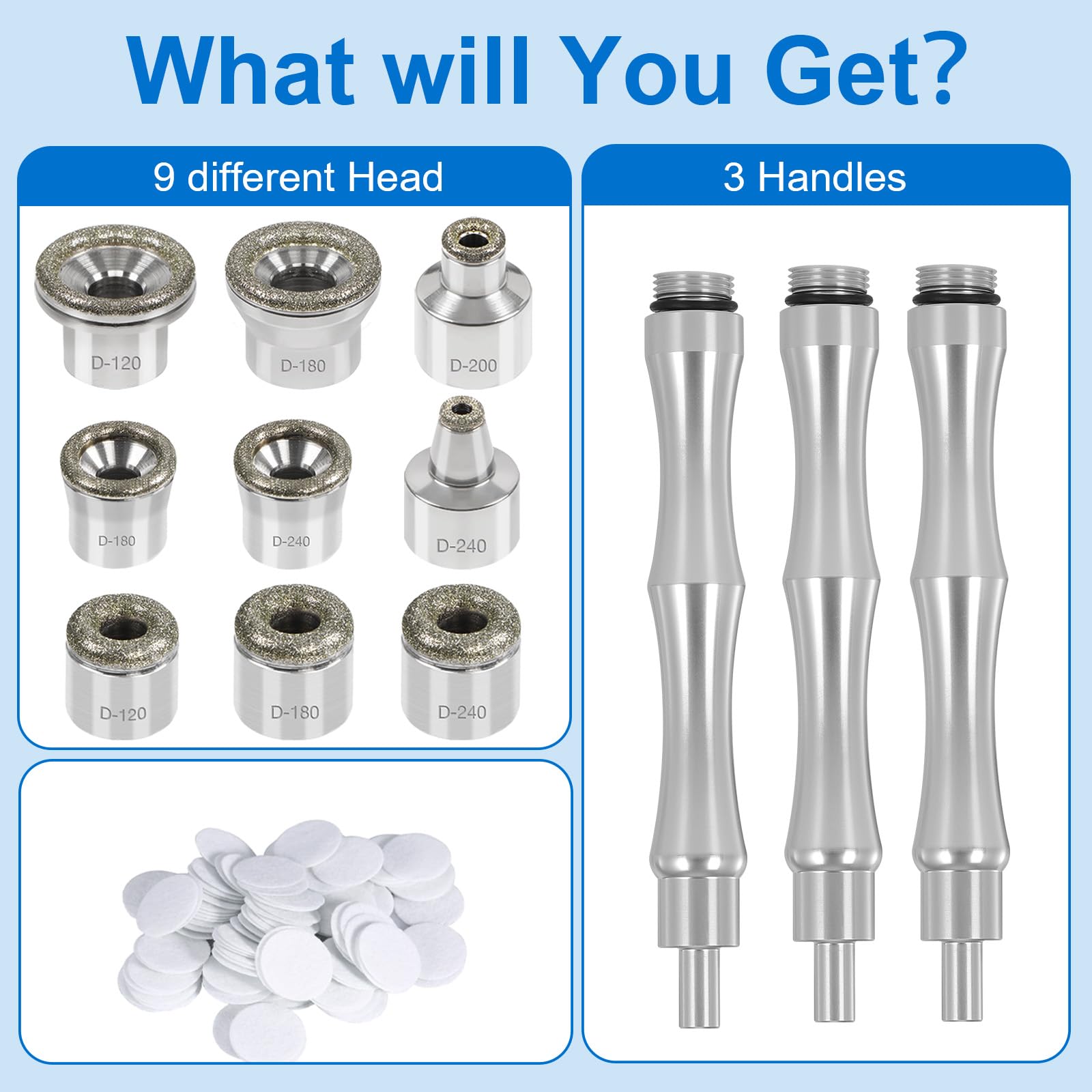 Different sizes of diamond microdermabrasion replacement tips showing various grit textures