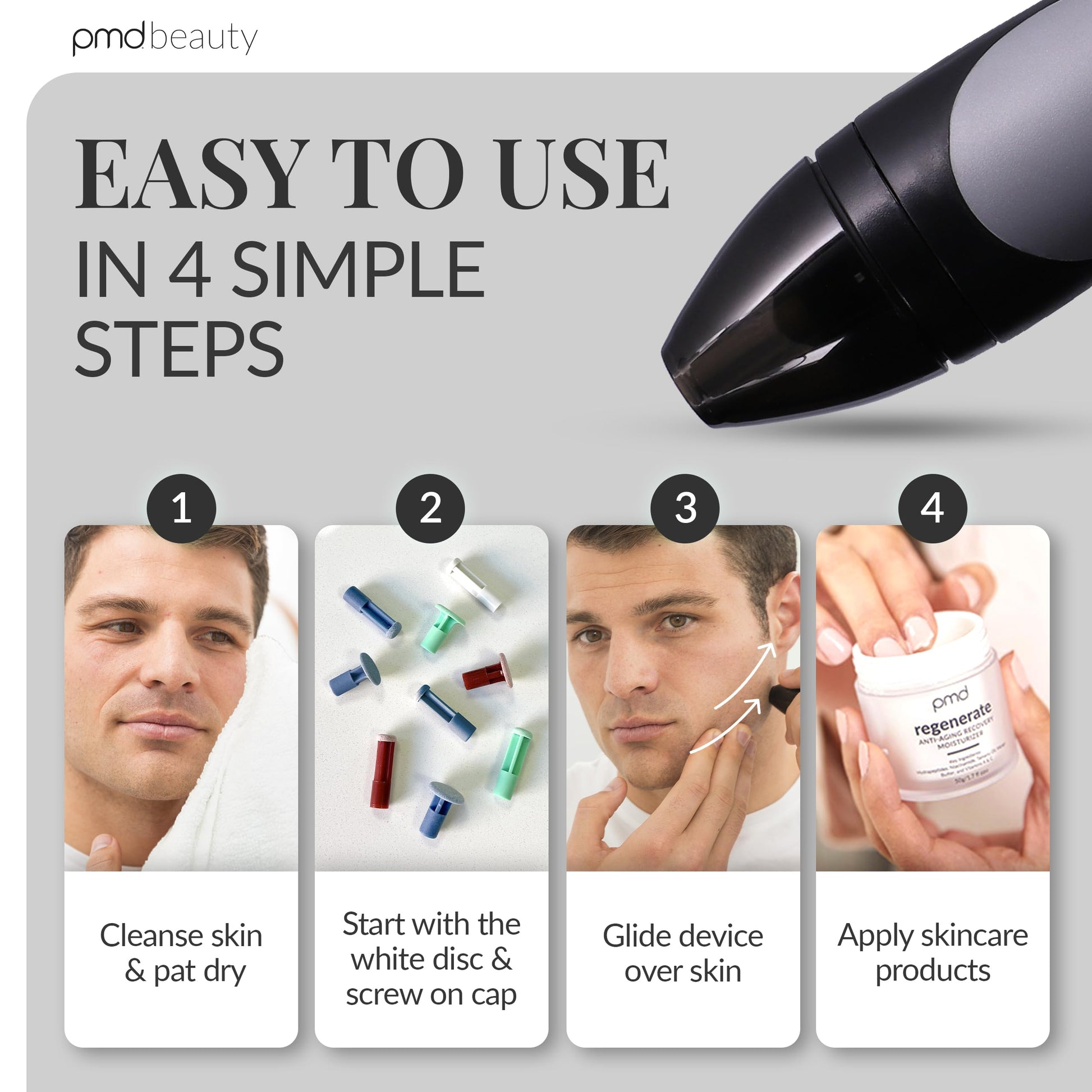 Side view of PMD Beauty male microdermabrasion device showing ergonomic grip