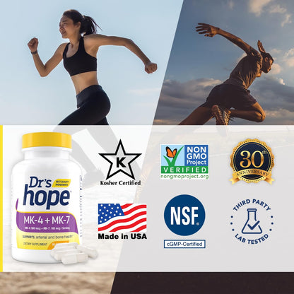 Dr's Hope Vitamin K2 dual action formula outer packaging layout showing health benefit highlights.