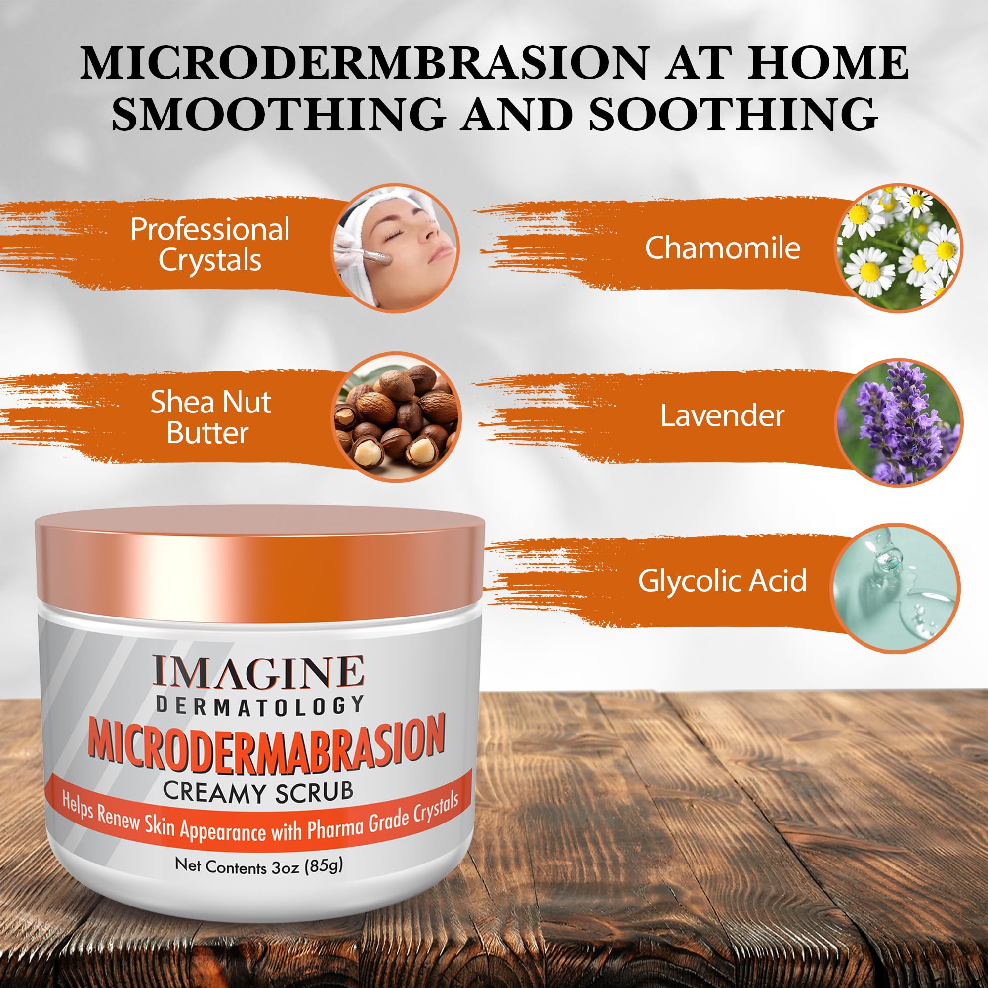 Authentic USA imported Imagine Dermatology exfoliating scrub jar highlighting professional formula