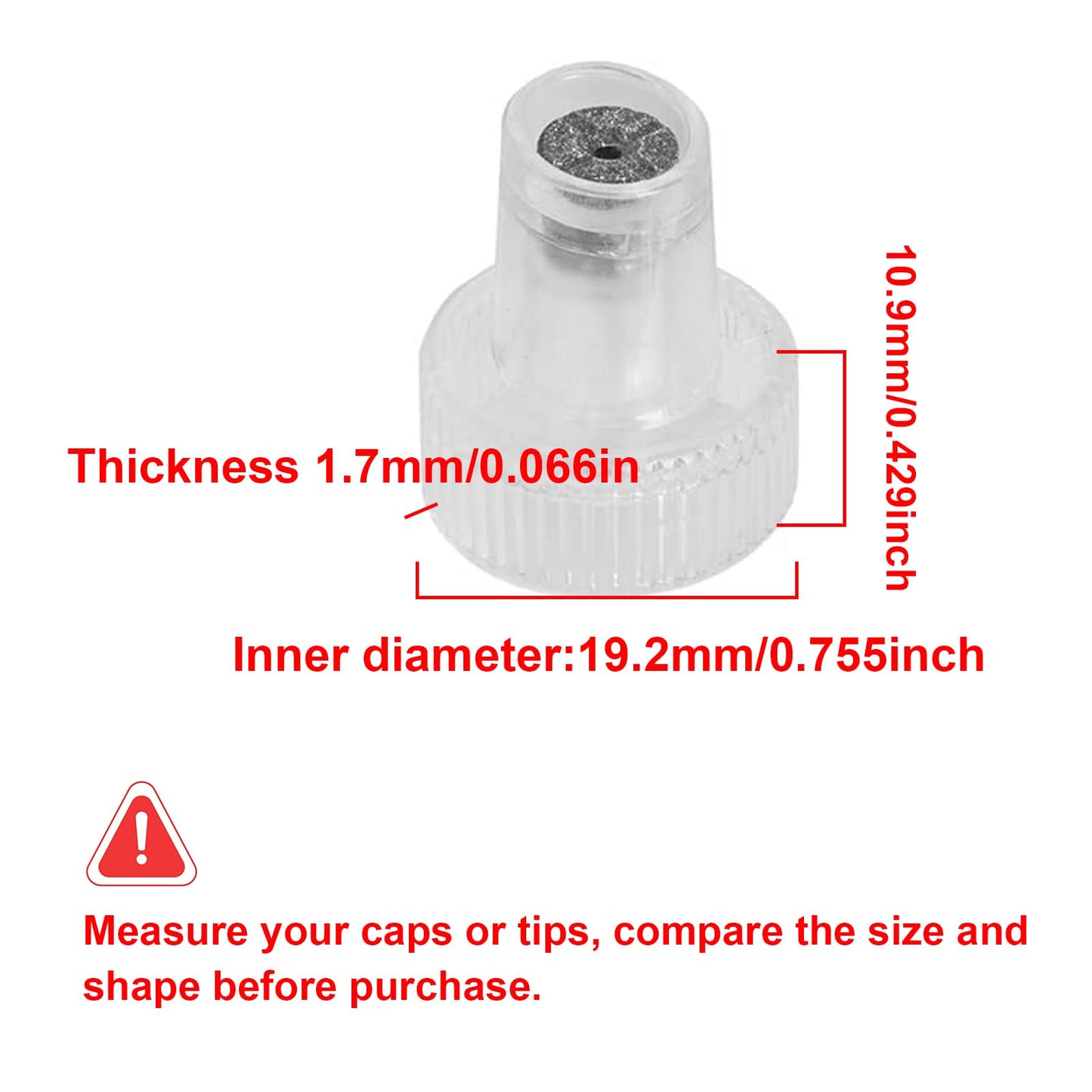 Side profile of the aqua peel water scrub tips caps showing the twenty-one millimeter handpiece compatibility slot.