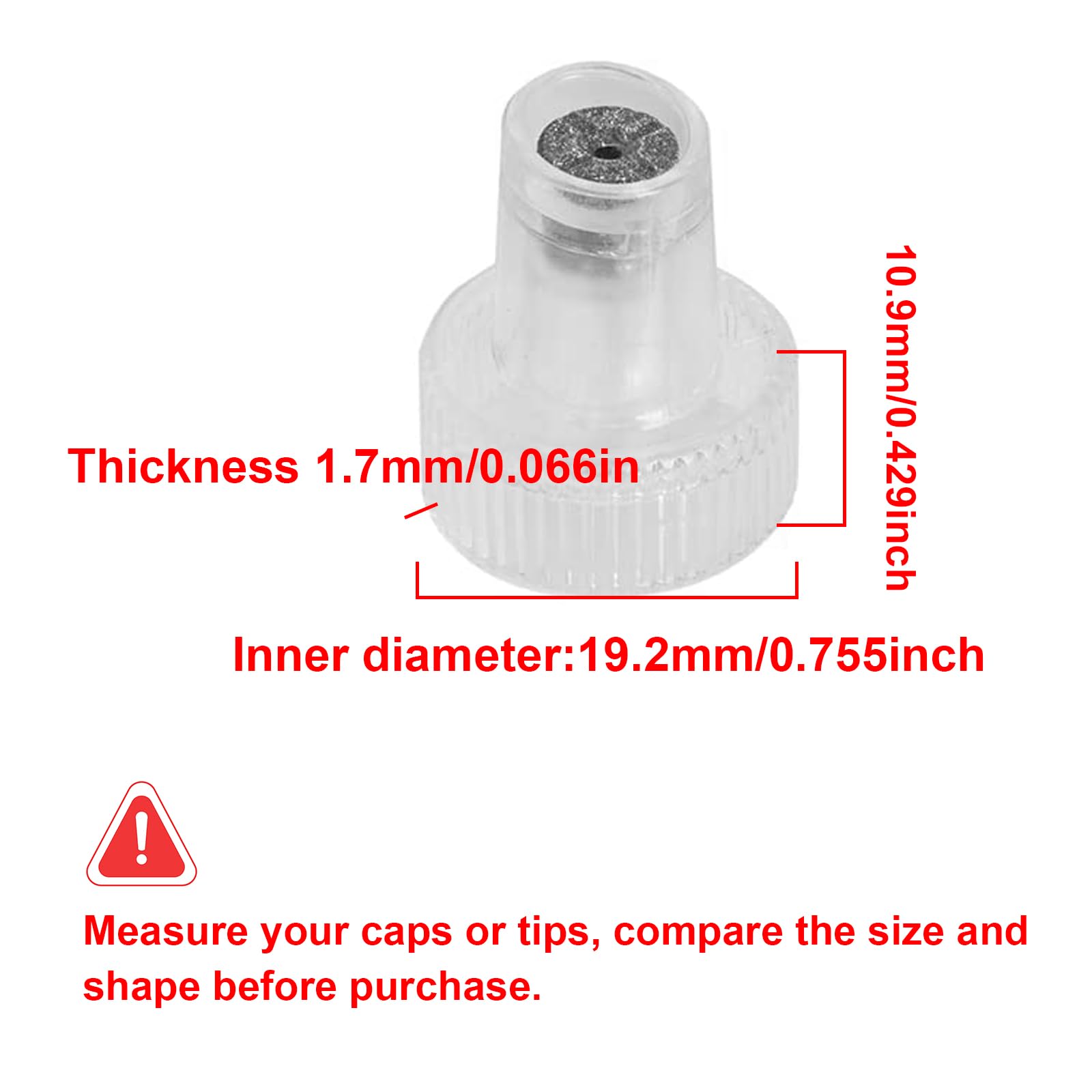Side profile of the aqua peel water scrub tips caps showing the twenty-one millimeter handpiece compatibility slot.