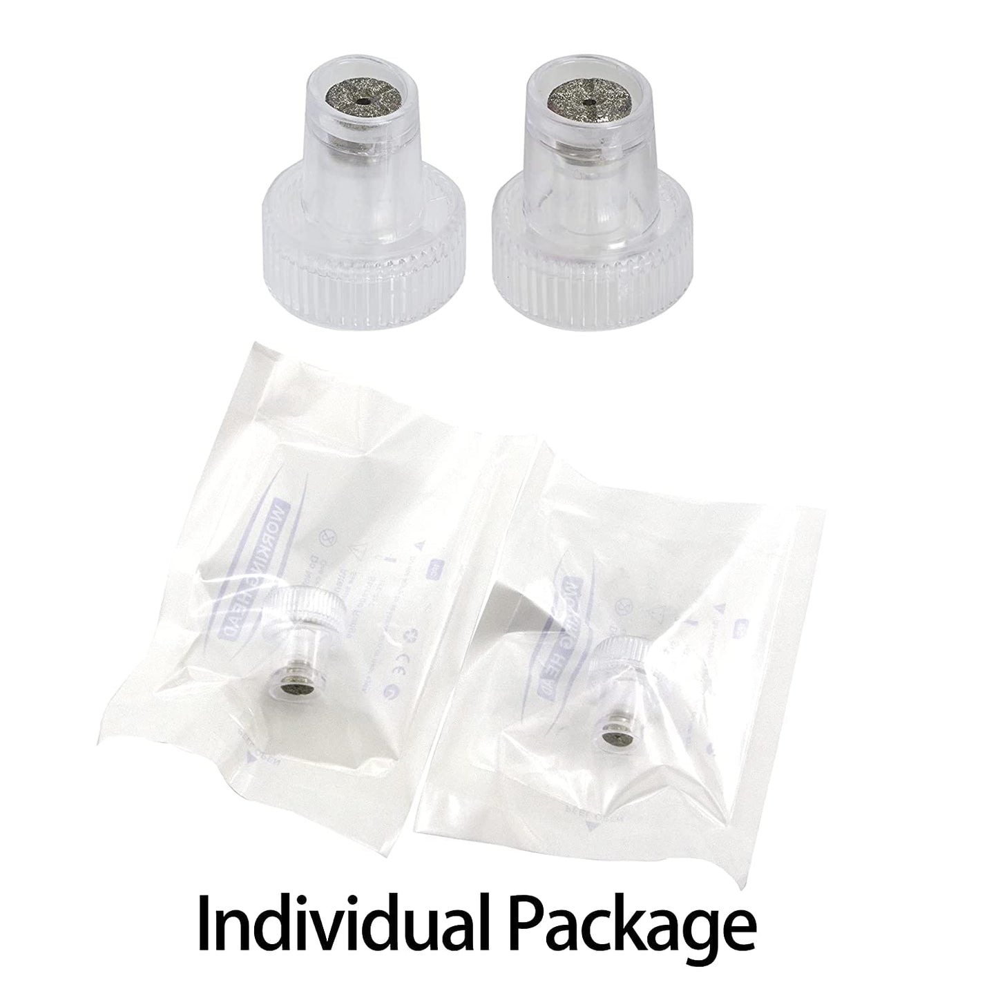 Two pieces of clear plastic aqua peeling machine tips illustrating the universal thread fitting for skincare equipment.