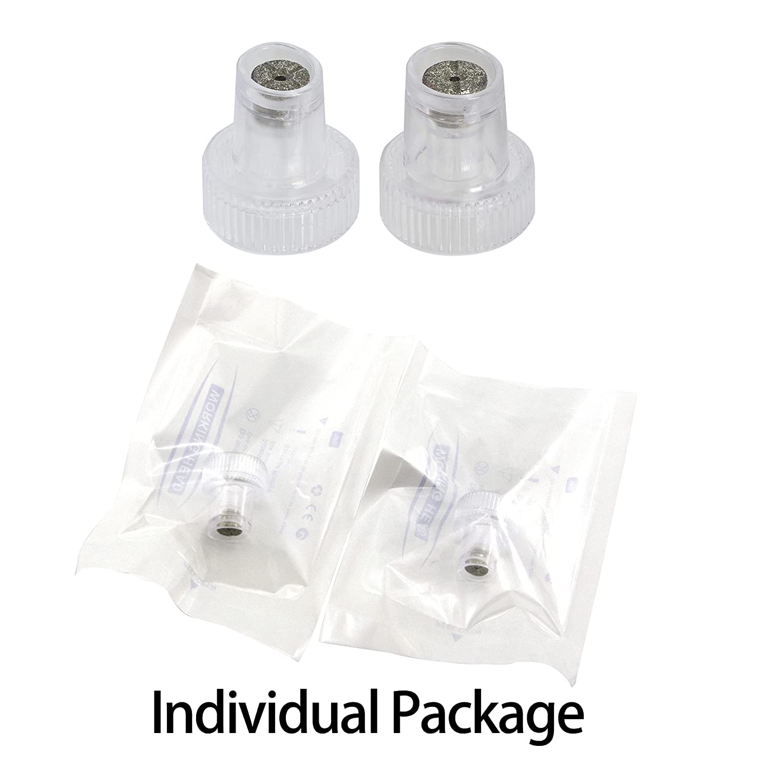 Two pieces of clear plastic aqua peeling machine tips illustrating the universal thread fitting for skincare equipment.