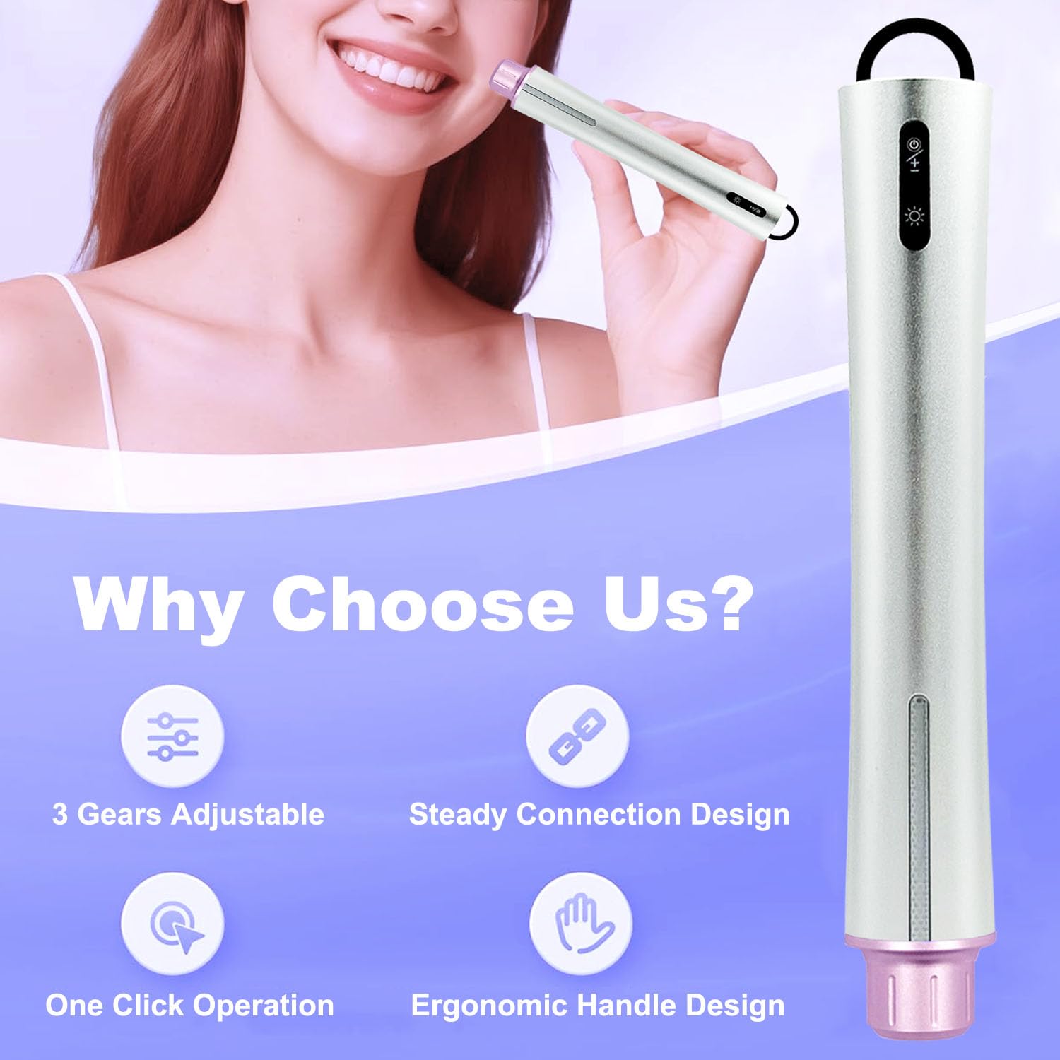 Side profile of the ergonomic handle of the electric microneedling pen detailing the speed adjustment buttons.