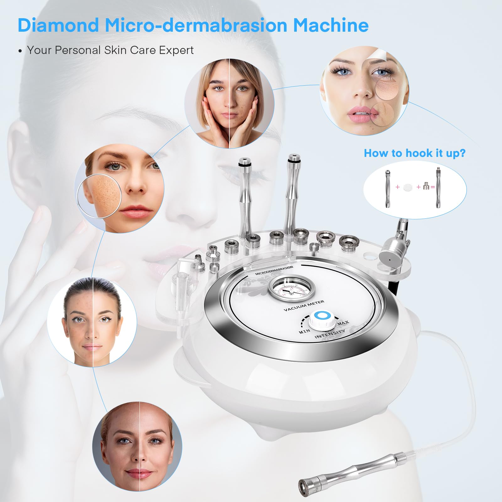 Yofuly diamond dermabrasion system showcasing the nine interchangeable tips and stainless steel wands.