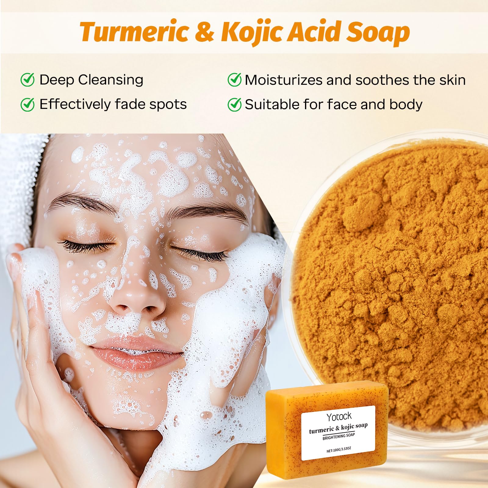 Close up of turmeric skin brightening skincare kit items