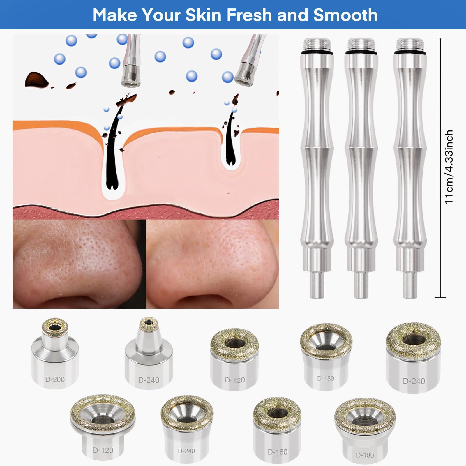 Close up view of the nine Bemoauty diamond dermabrasion replacement tips showing different grit sizes for professional facial exfoliation.