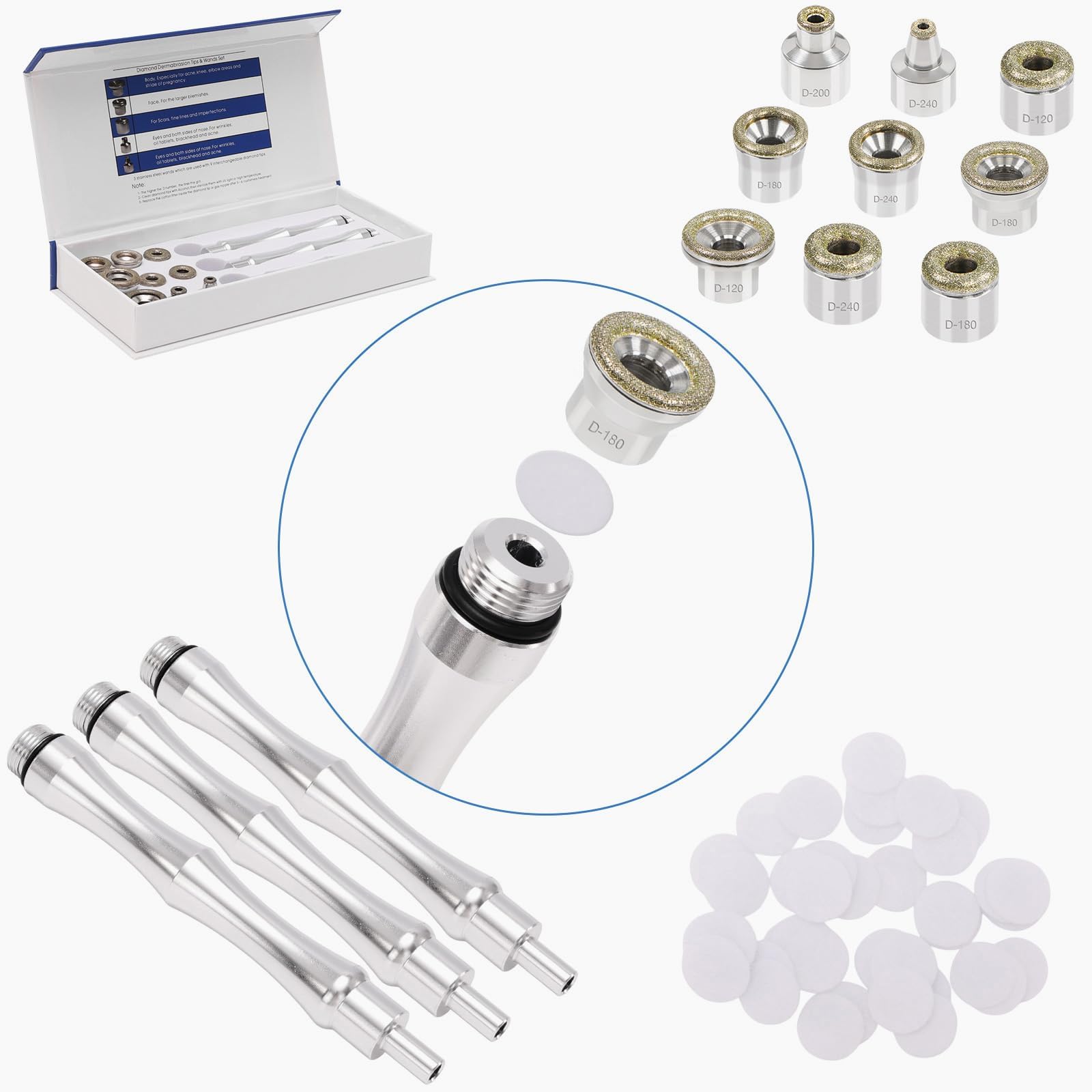 Three Bemoauty stainless steel dermabrasion wands with textured handles for a secure grip during skincare treatments.