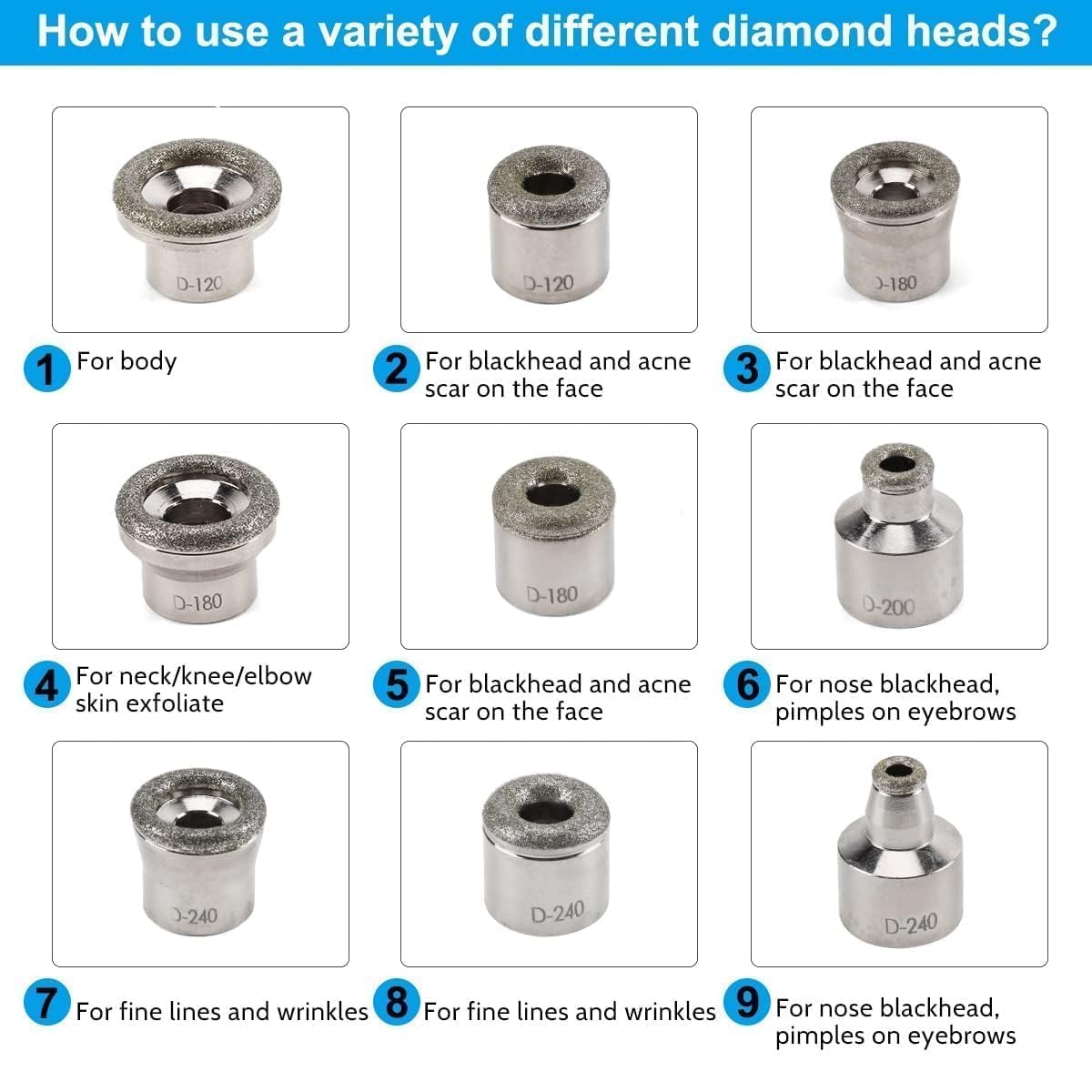 Stainless steel microdermabrasion wands laid out with individual replacement heads and cotton filters