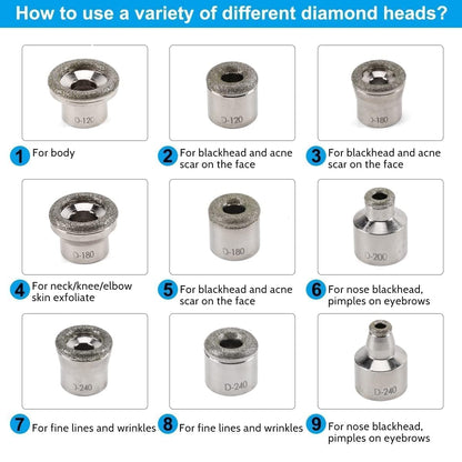 Stainless steel microdermabrasion wands laid out with individual replacement heads and cotton filters
