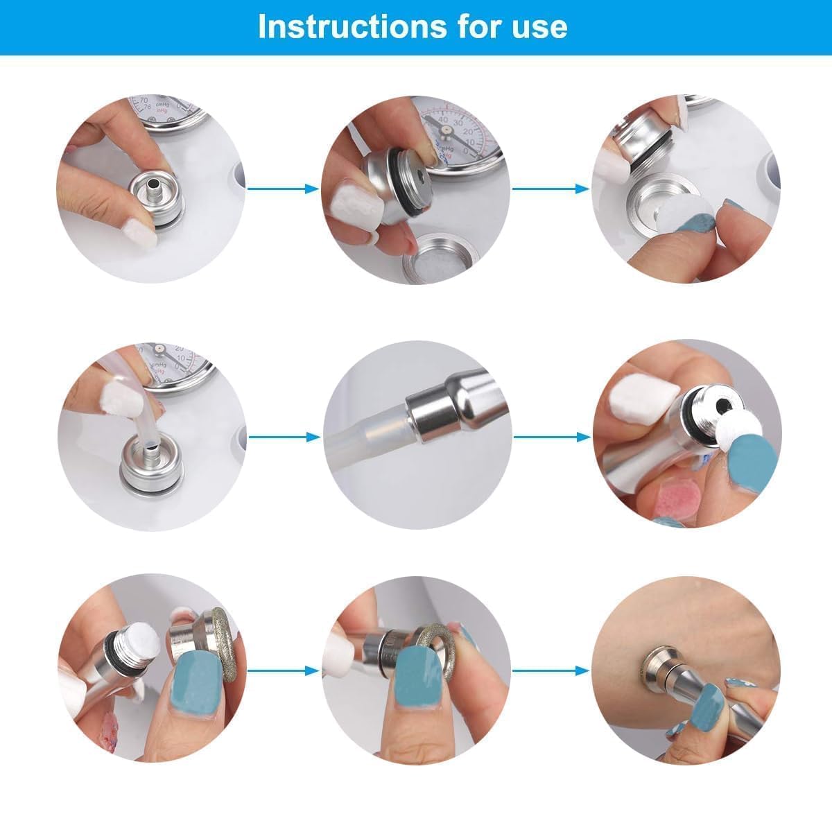 Different angles of the rust resistant microcrystal dermabrasion tips for professional skin resurfacing