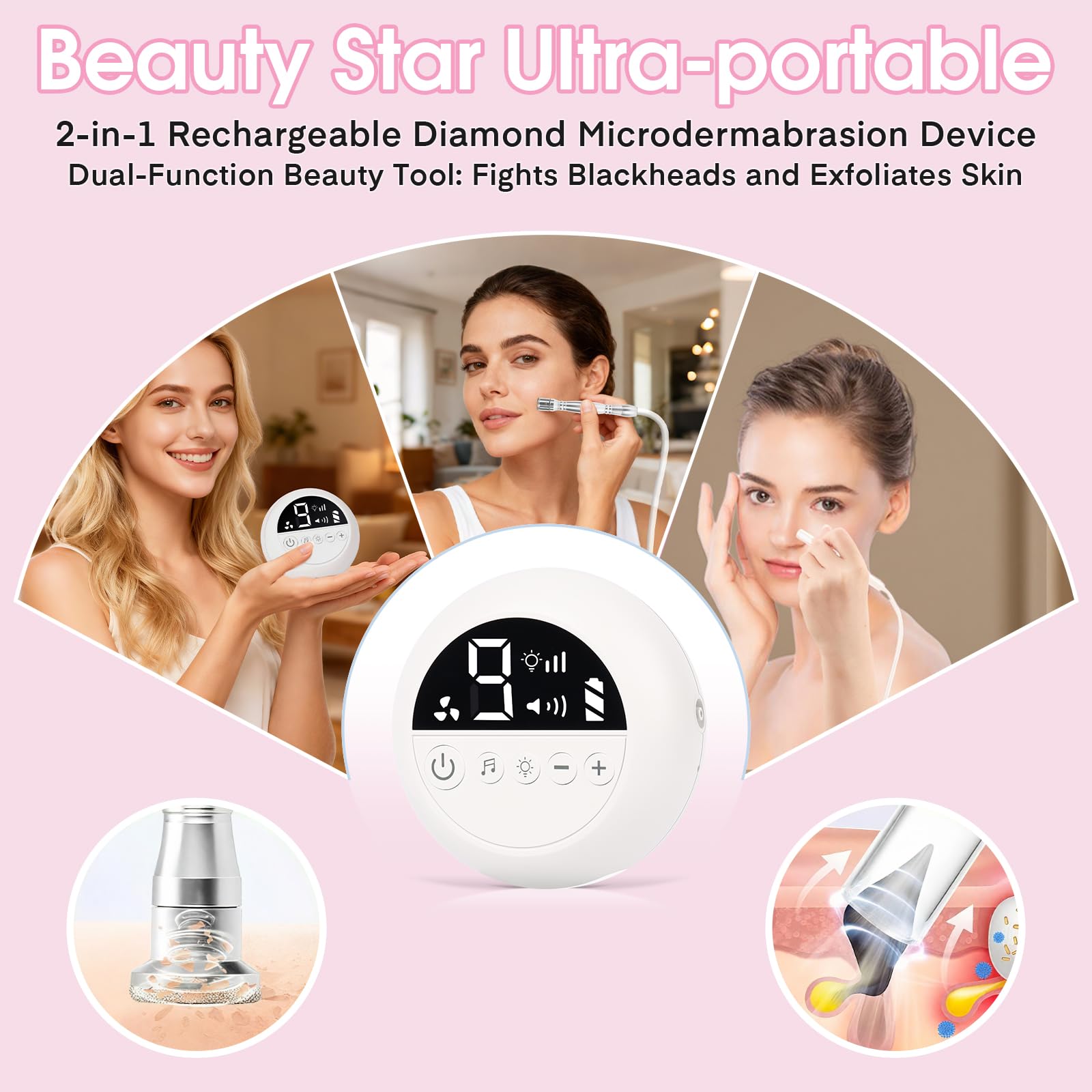 Close up of 3 interchangeable diamond tips for microdermabrasion tool