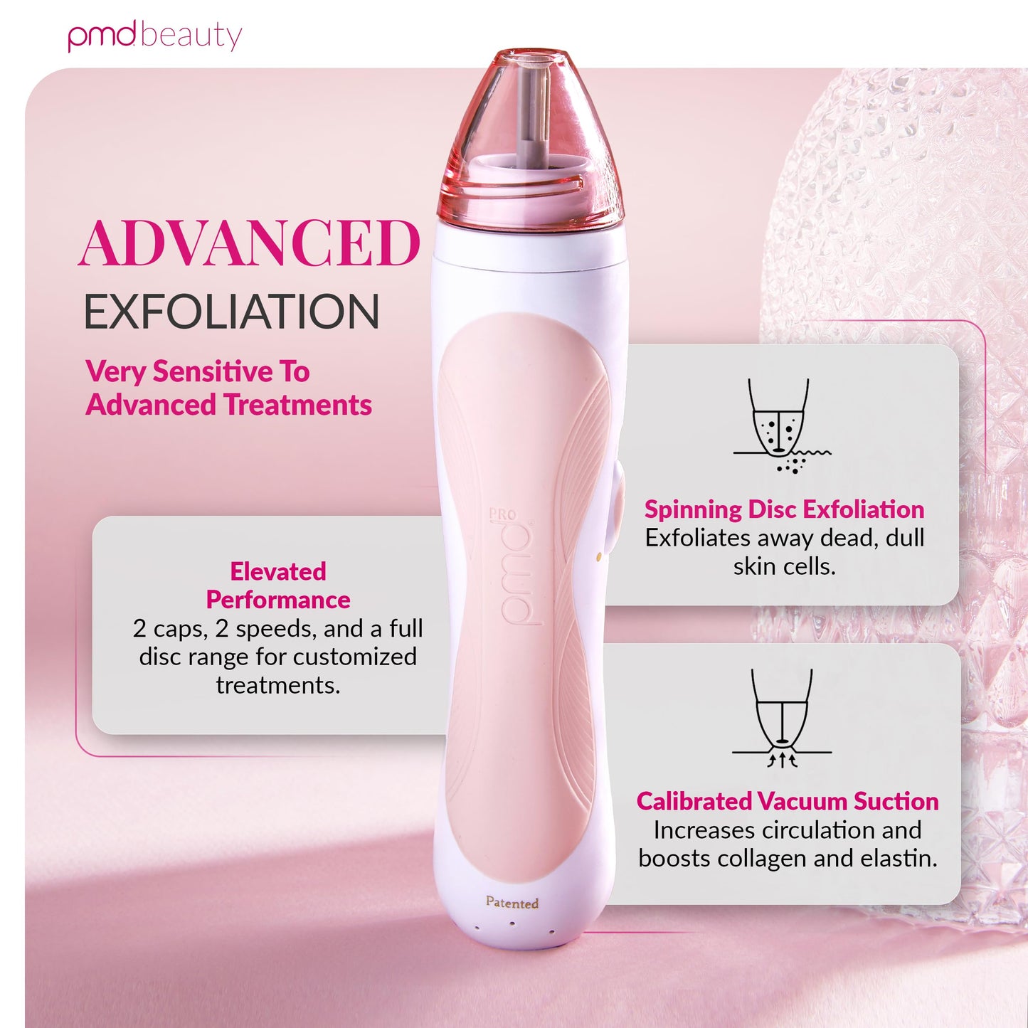 PMD Beauty at home microdermabrasion machine showing interchangeable face and body caps