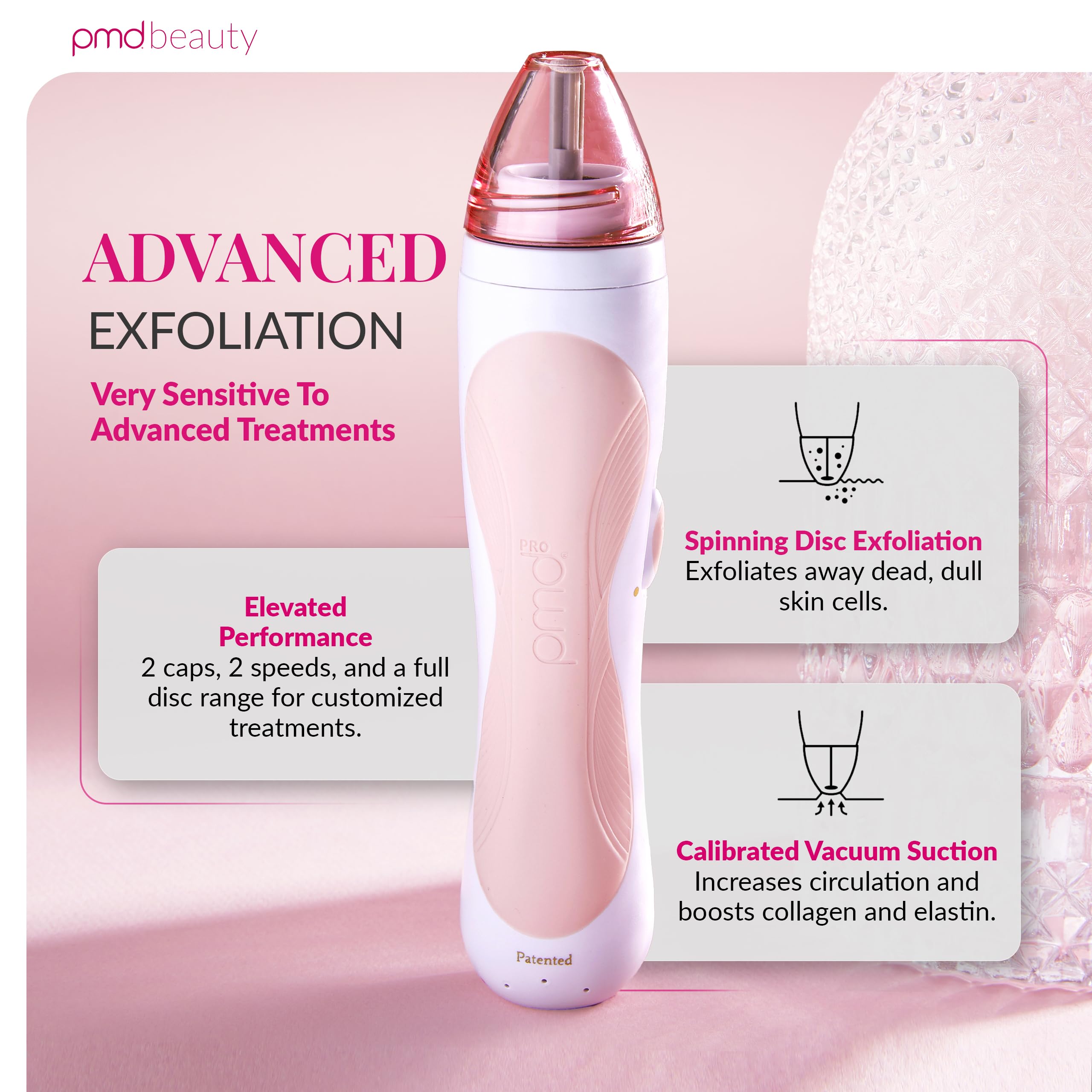 PMD Beauty at home microdermabrasion machine showing interchangeable face and body caps