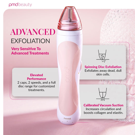 PMD Beauty at home microdermabrasion machine showing interchangeable face and body caps