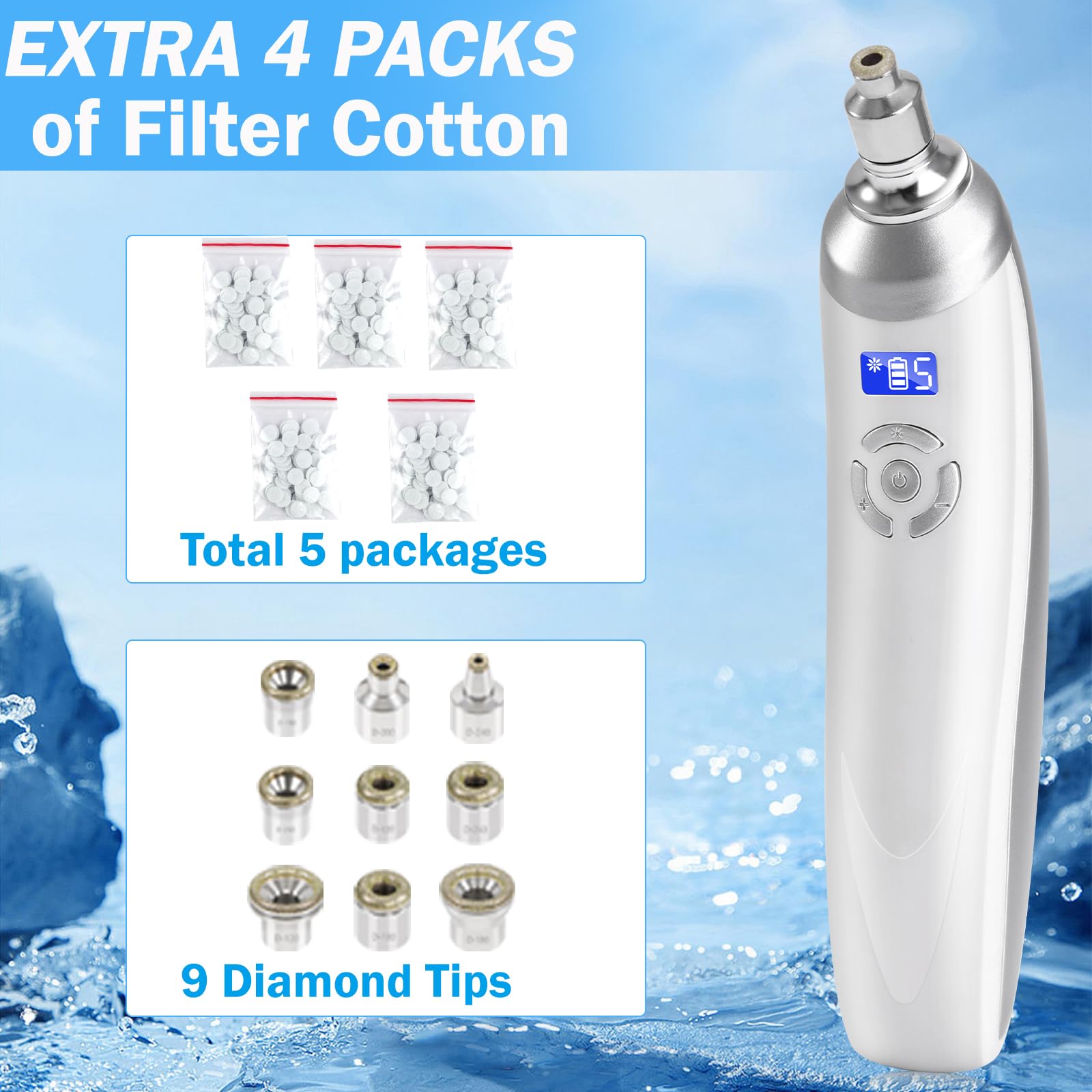 Beauty Star portable facial pore vacuum device showcasing the multiple interchangeable diamond crystal tips included in the kit.