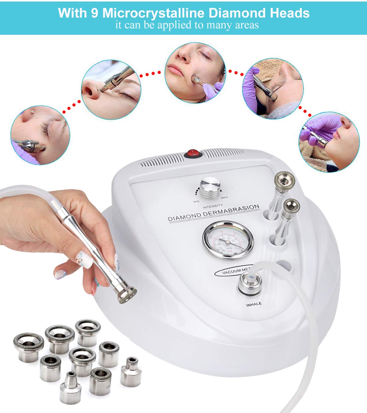 Complete kit of the Mcwdoit dermabrasion machine displaying nine interchangeable diamond heads and three stainless steel wands.