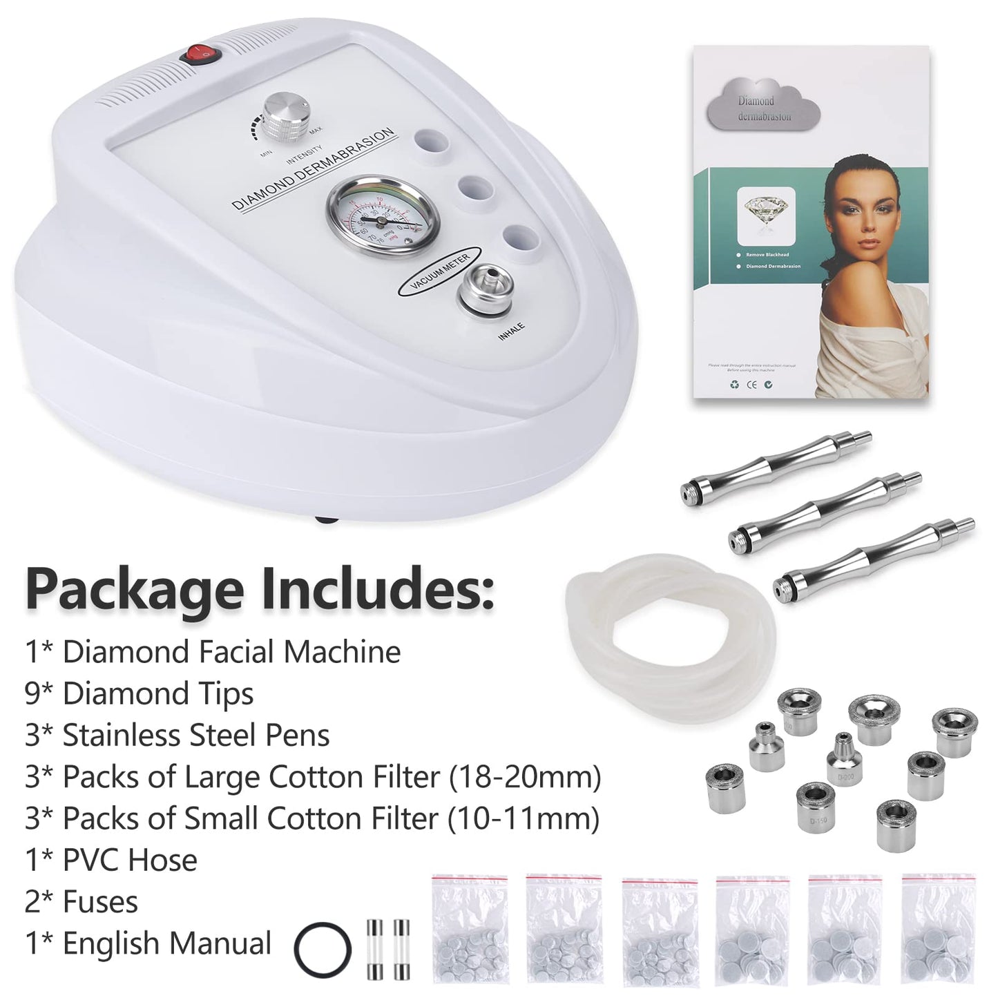 The Mcwdoit professional skin peeling device unboxed with all accessories arranged neatly for home or spa setup.