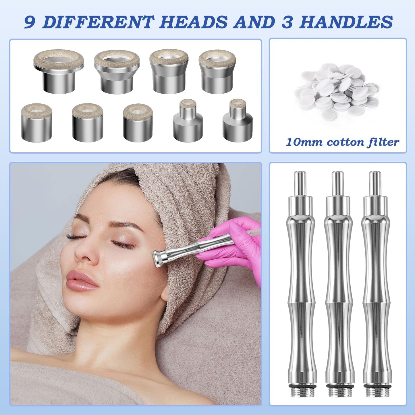 Close-up view of nine diamond-encrusted replacement tips showing different grit sizes for customizable microdermabrasion treatments.
