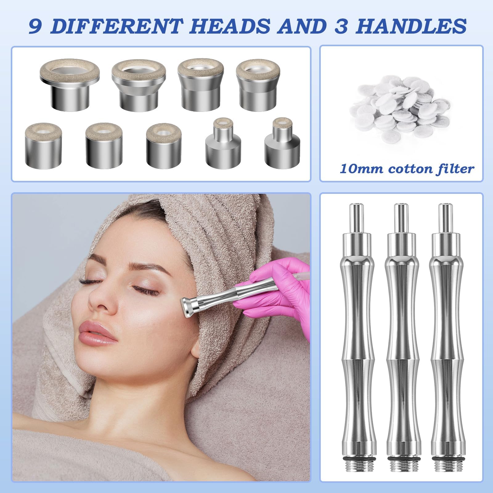 Close-up view of nine diamond-encrusted replacement tips showing different grit sizes for customizable microdermabrasion treatments.