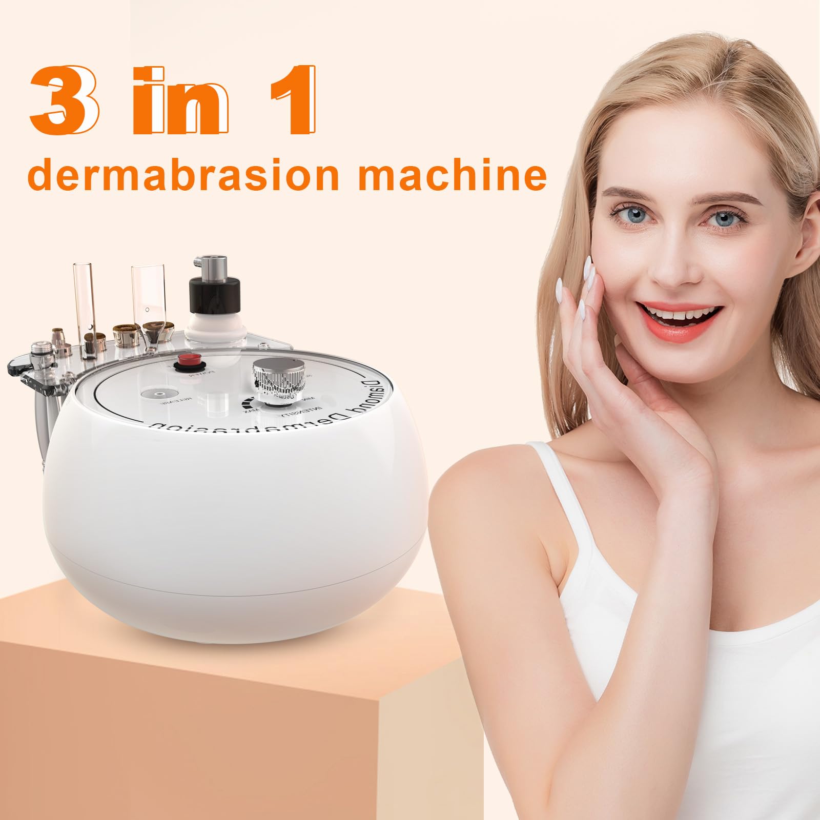 Mcwdoit facial dermabrasion device with interchangeable diamond heads and vacuum glass tubes displayed.