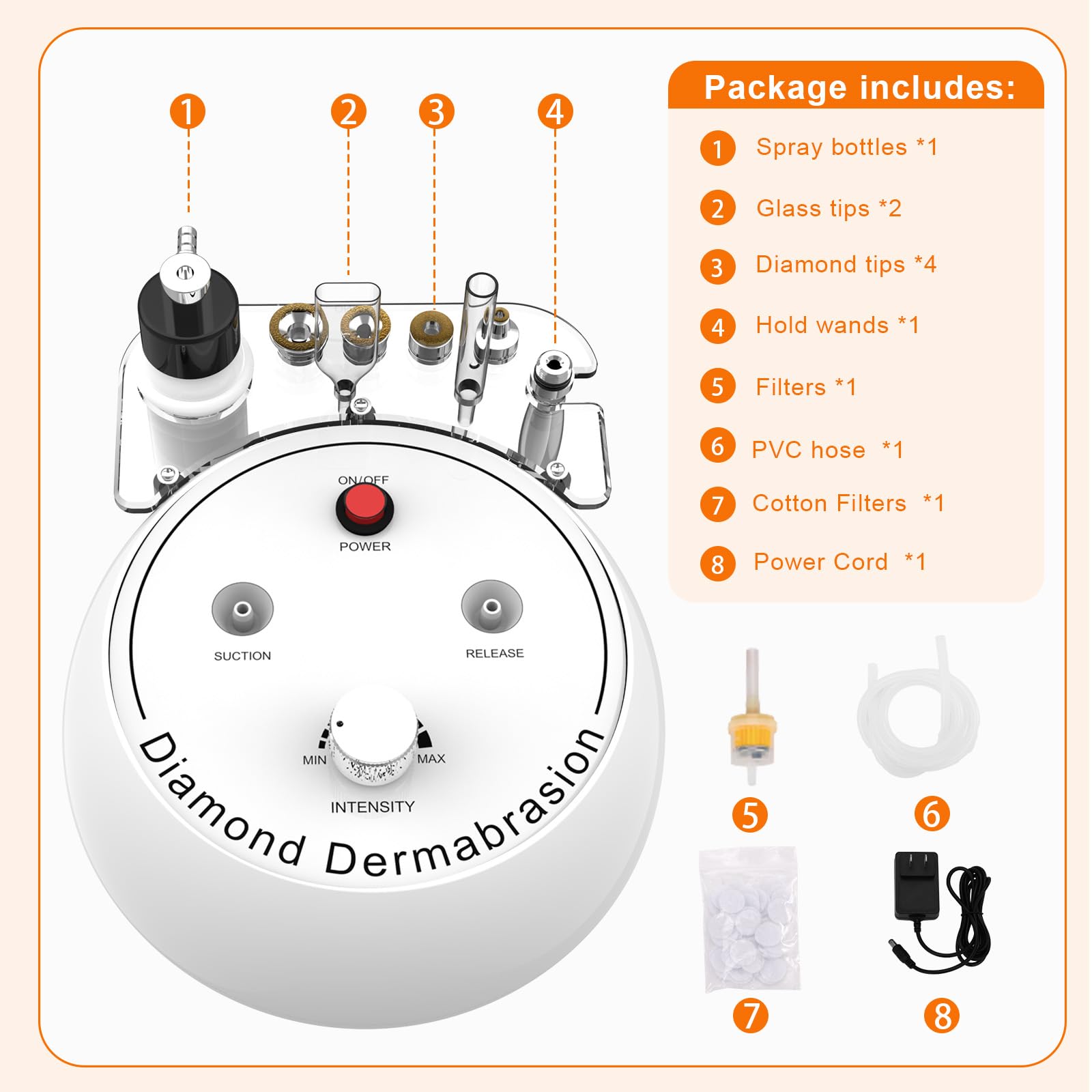 Complete packaging kit of the Mcwdoit diamond microdermabrasion machine with cotton filters and accessories.