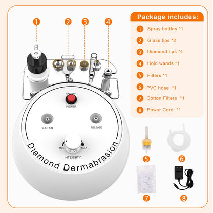 Complete packaging kit of the Mcwdoit diamond microdermabrasion machine with cotton filters and accessories.