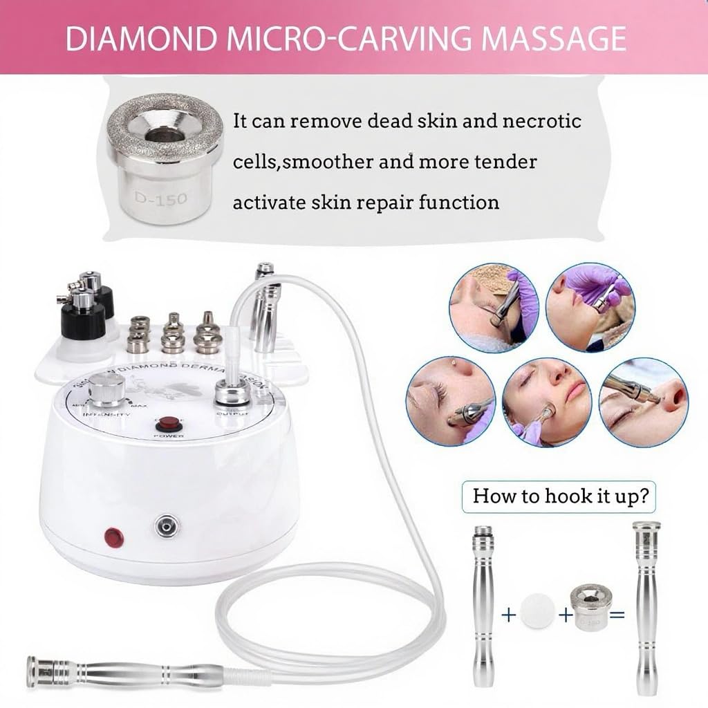 Professional diamond dermabrasion facial device with sterile diamond wands and vacuum tubes.