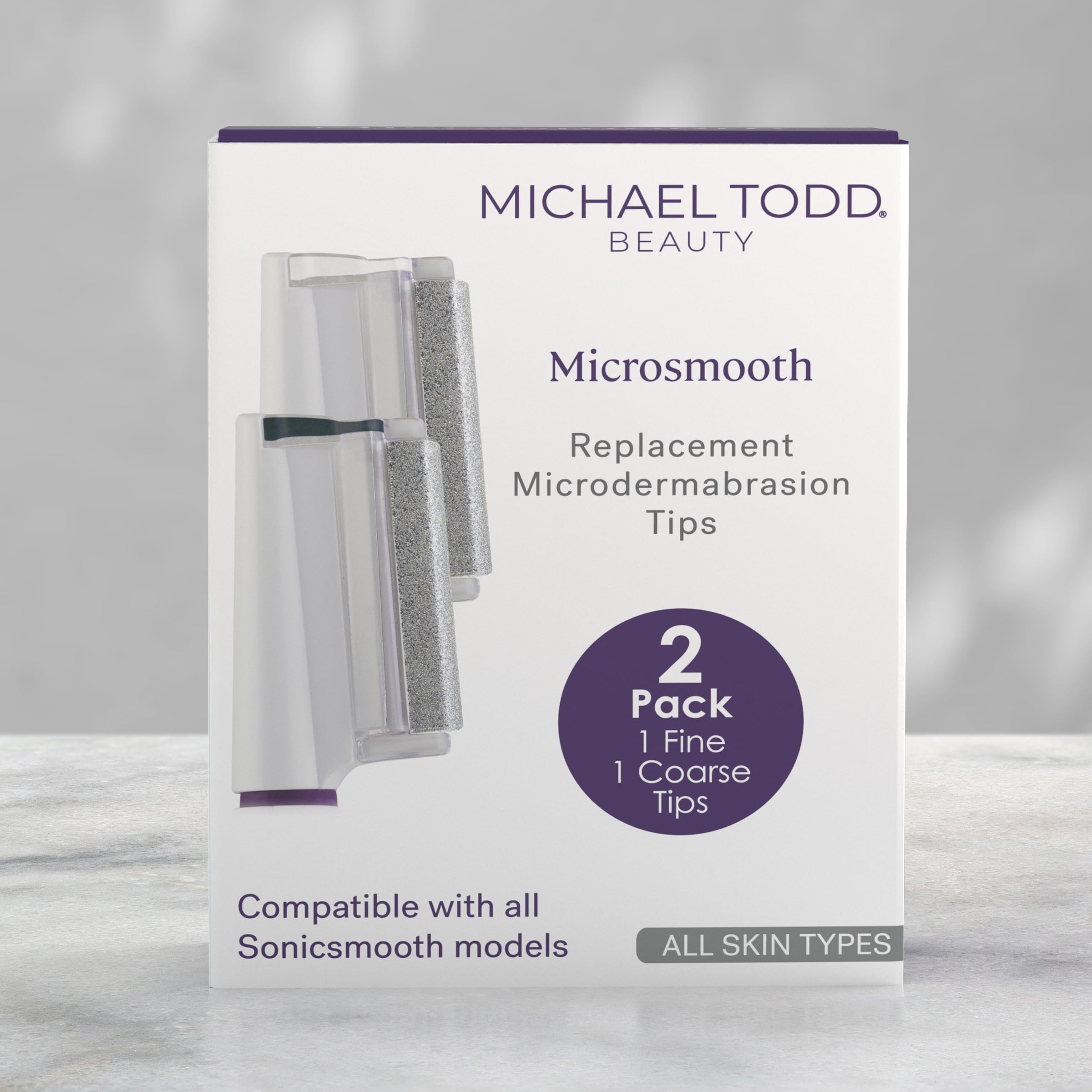 Michael Todd Beauty replacement tips positioned next to a compatible sonic skincare handle.