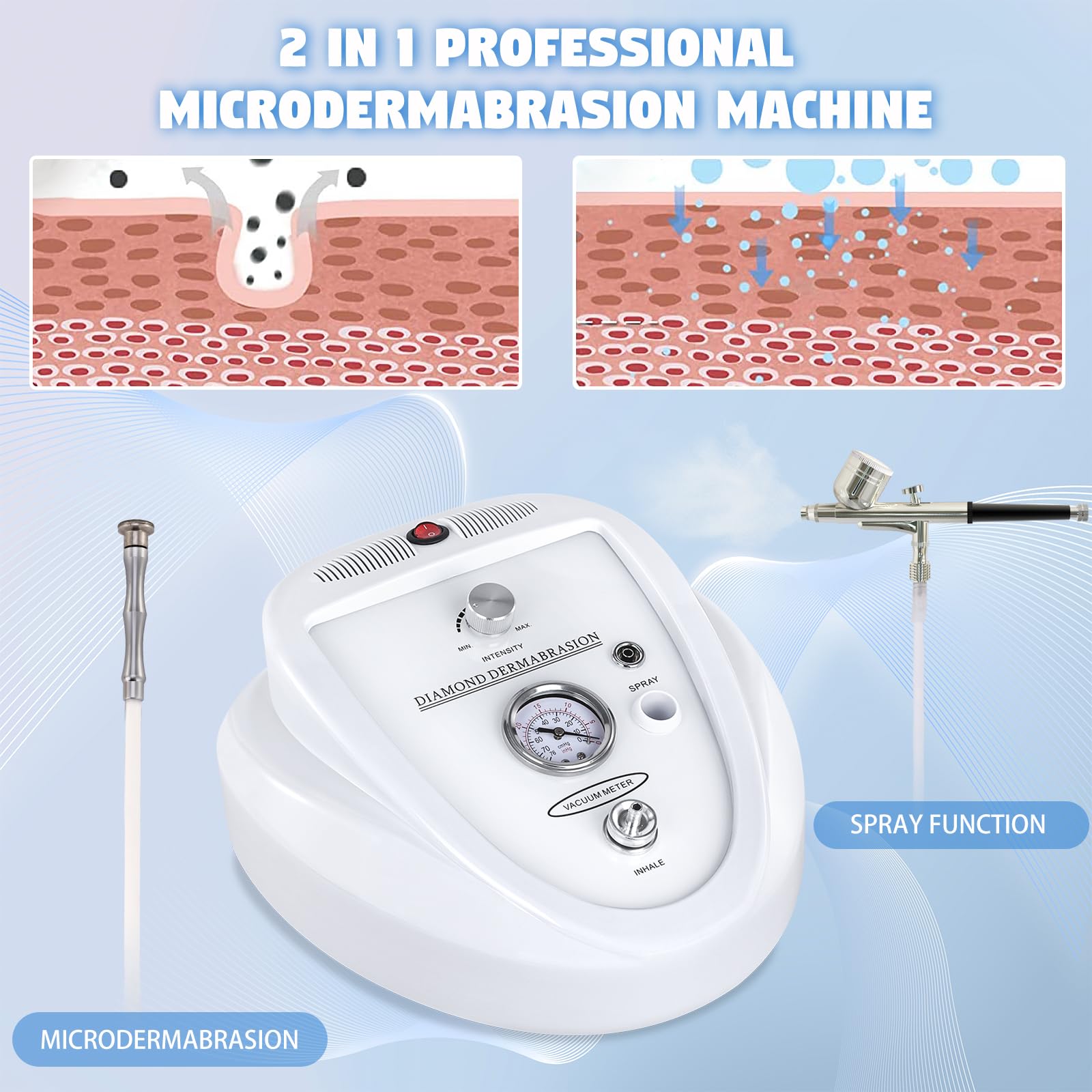 Beauty Star professional dermabrasion facial device with attached vacuum hose and stainless steel exfoliation wand.