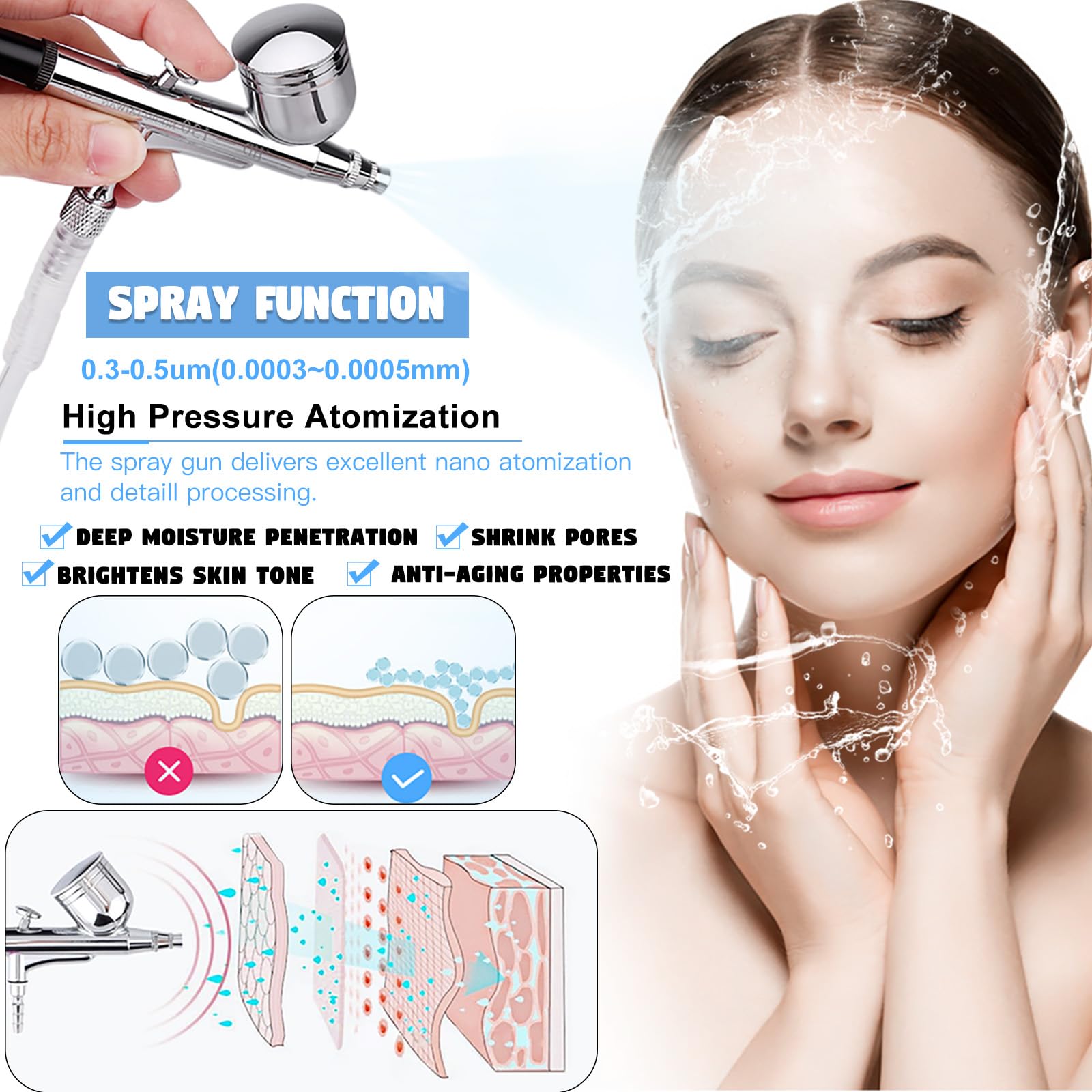 Integrated nano spray gun kit attachment connected to the professional microdermabrasion machine for skin hydration.