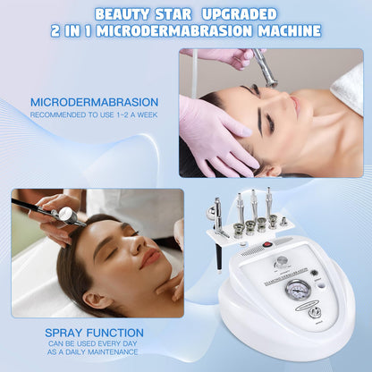 Beauty Star microdermabrasion kit unboxed displaying all standard accessories including replacement cotton filters and sealing rings.