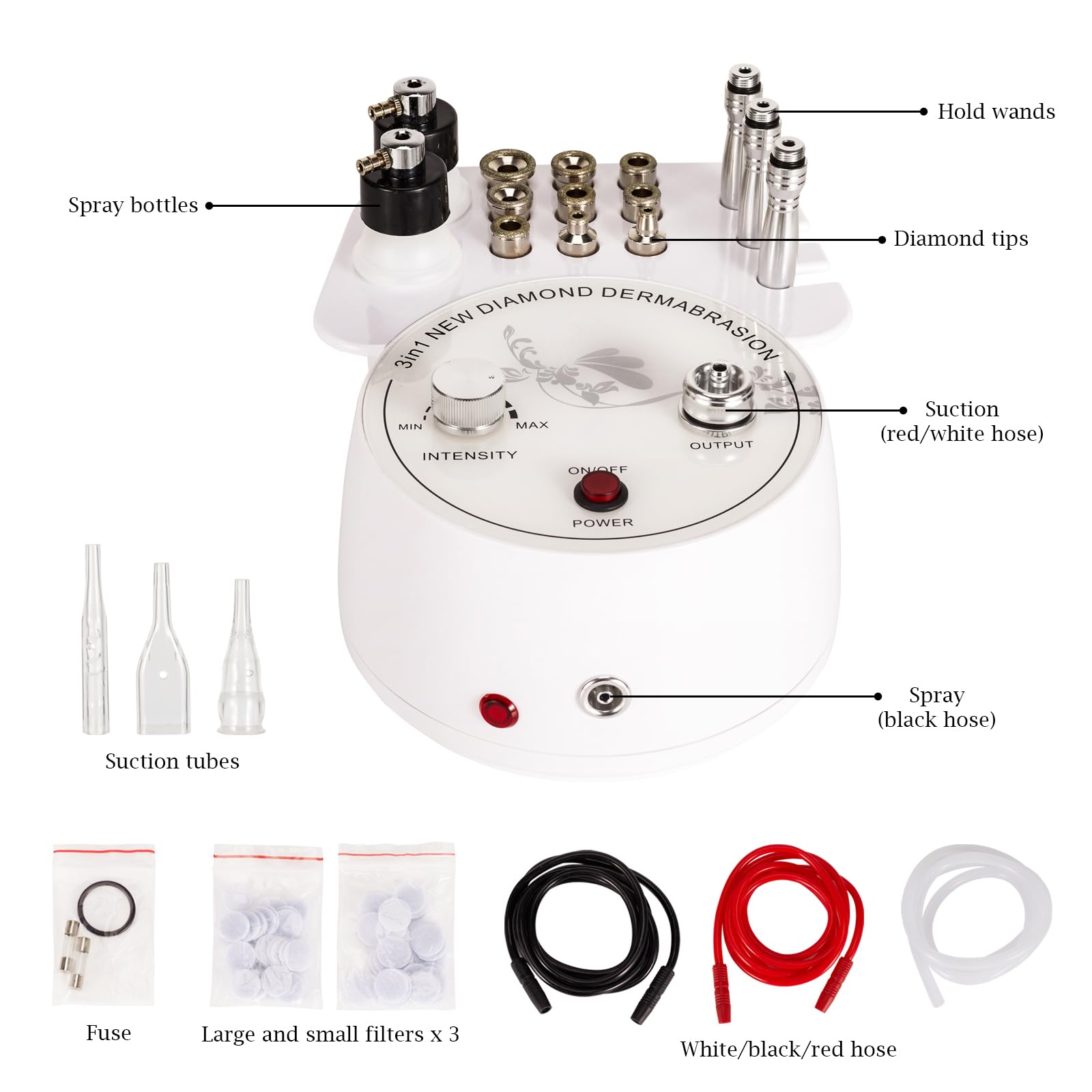 AIMENGXI microdermabrasion device kit laid out with all nine diamond tips and accessories for deep pore blackhead extraction