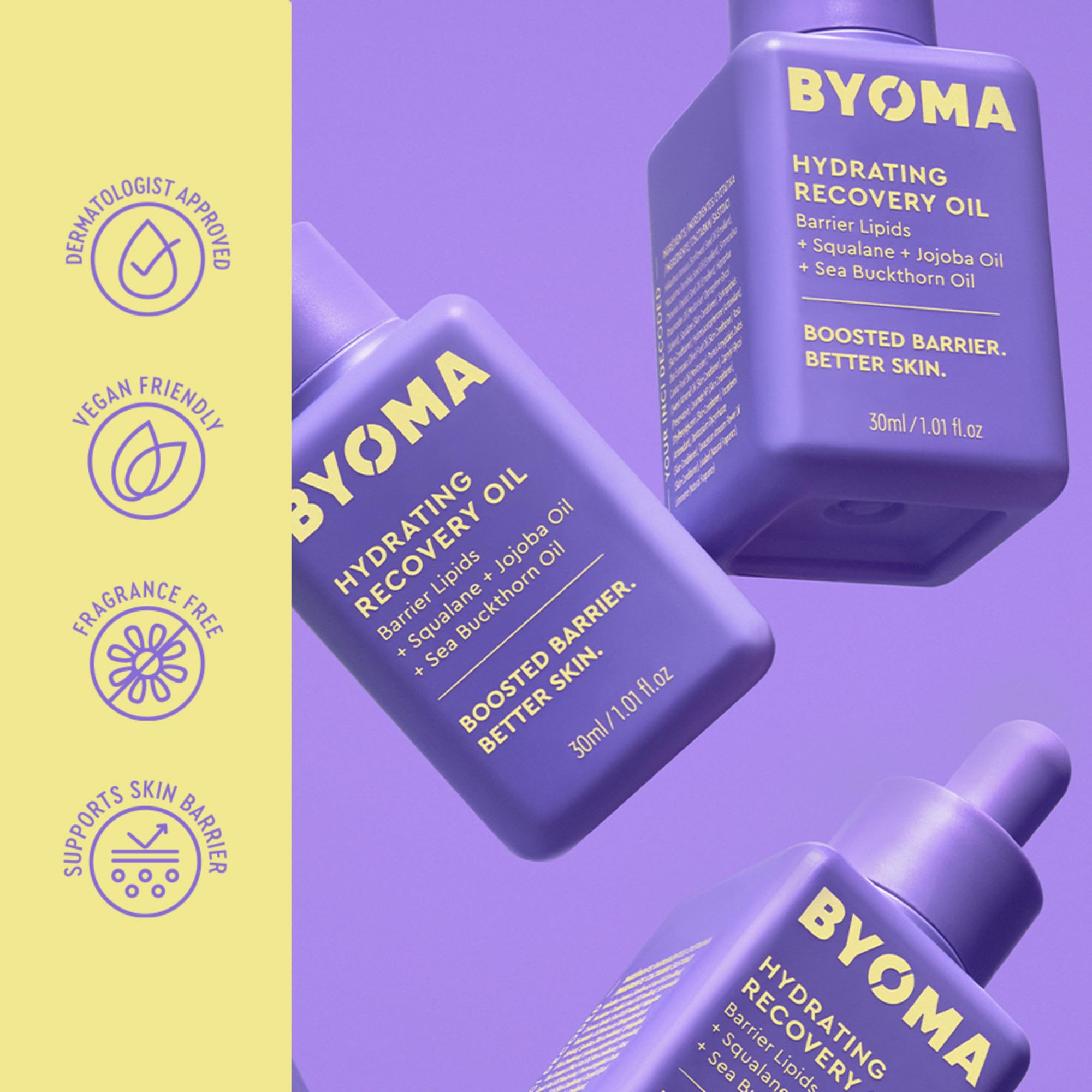 Close up view of Byoma Hydrating Recovery Oil dropper bottle