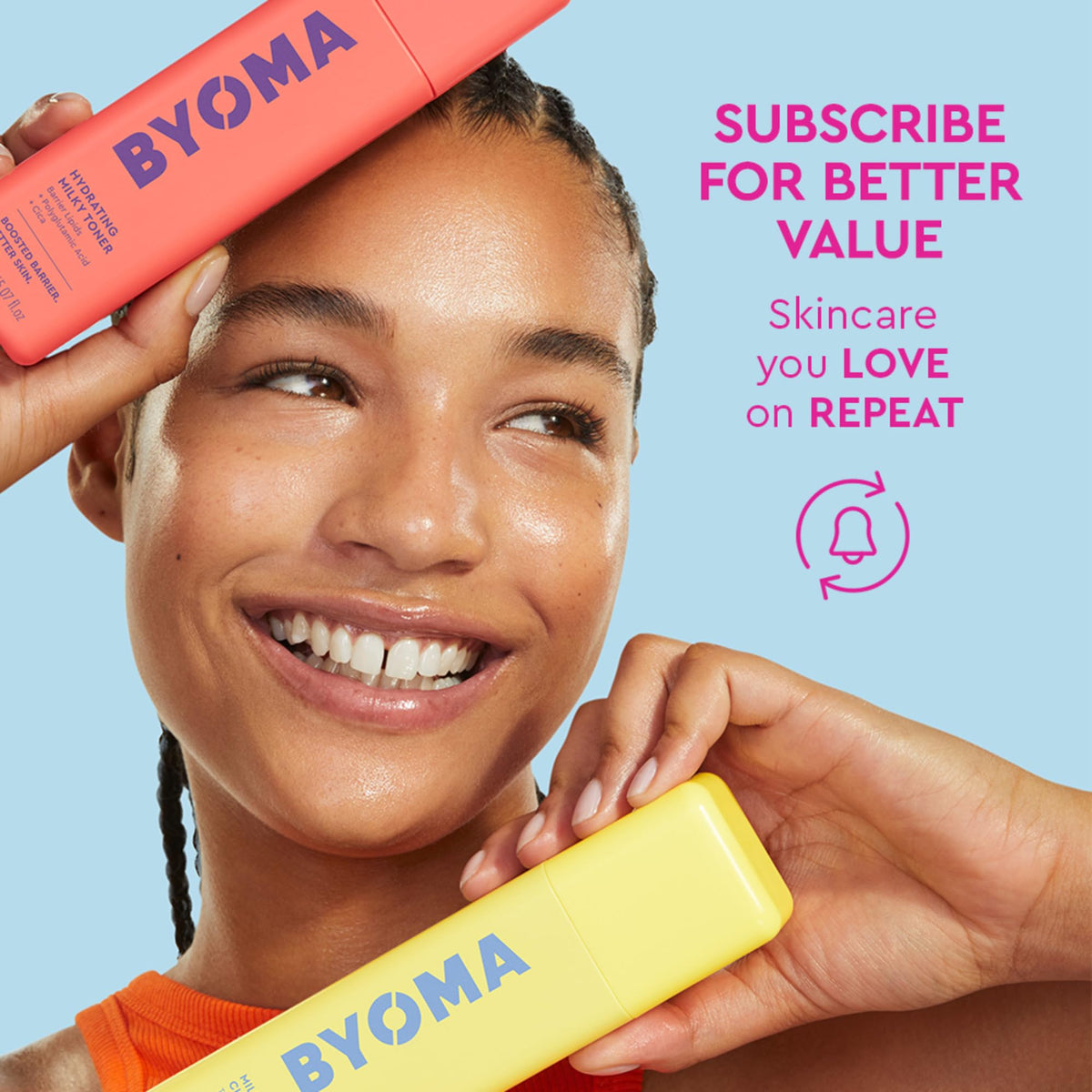 Travel-friendly mini bottles of Byoma body washes and lotions.