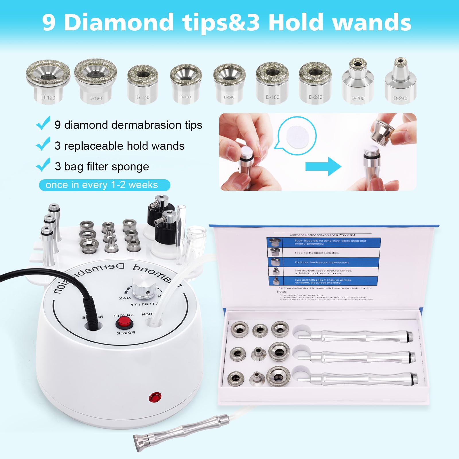 Mcwdoit professional microdermabrasion device with diamond tips and stainless steel wands layout.