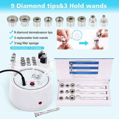 Mcwdoit professional microdermabrasion device with diamond tips and stainless steel wands layout.