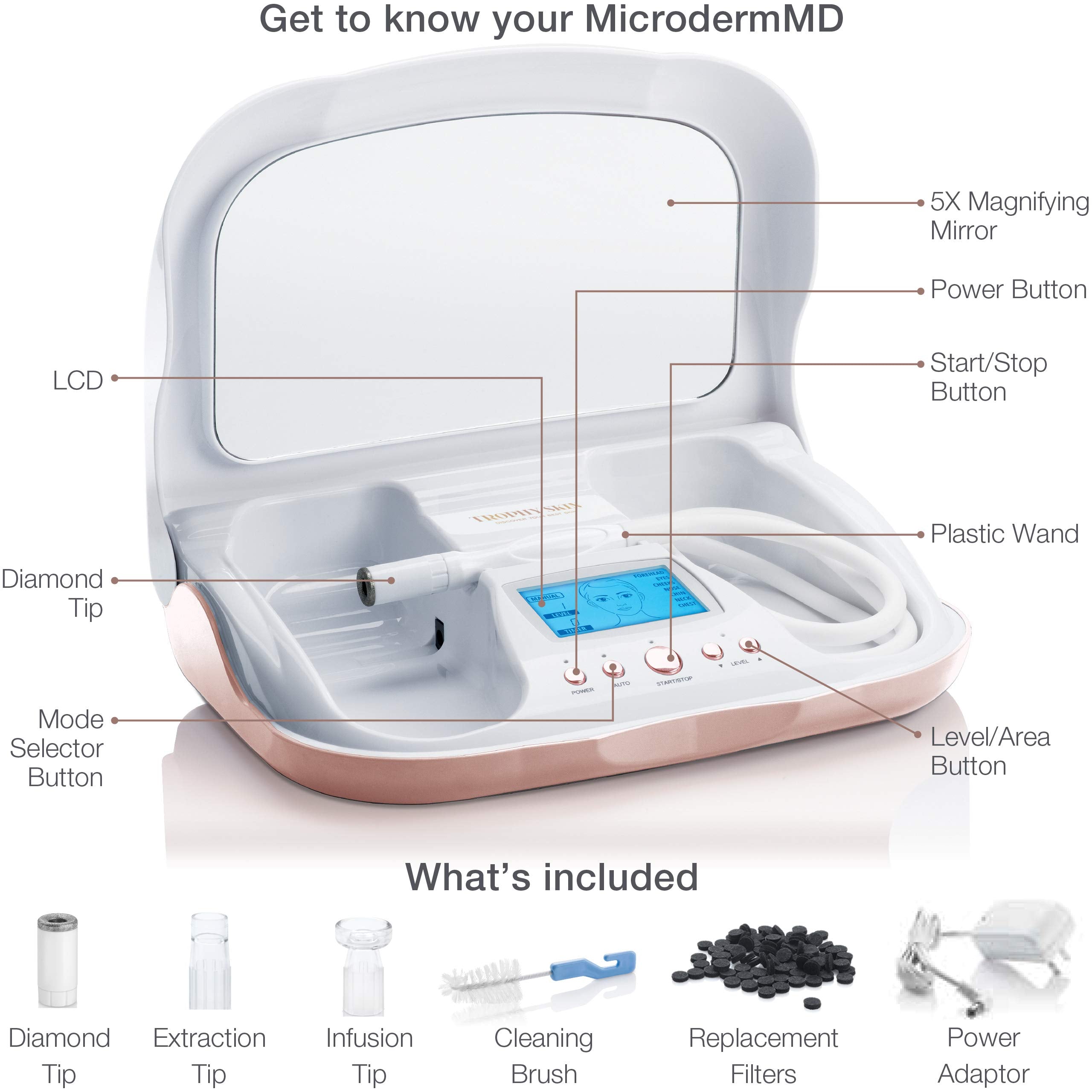 Trophy Skin professional grade microdermabrasion device with real diamond tip wand attached