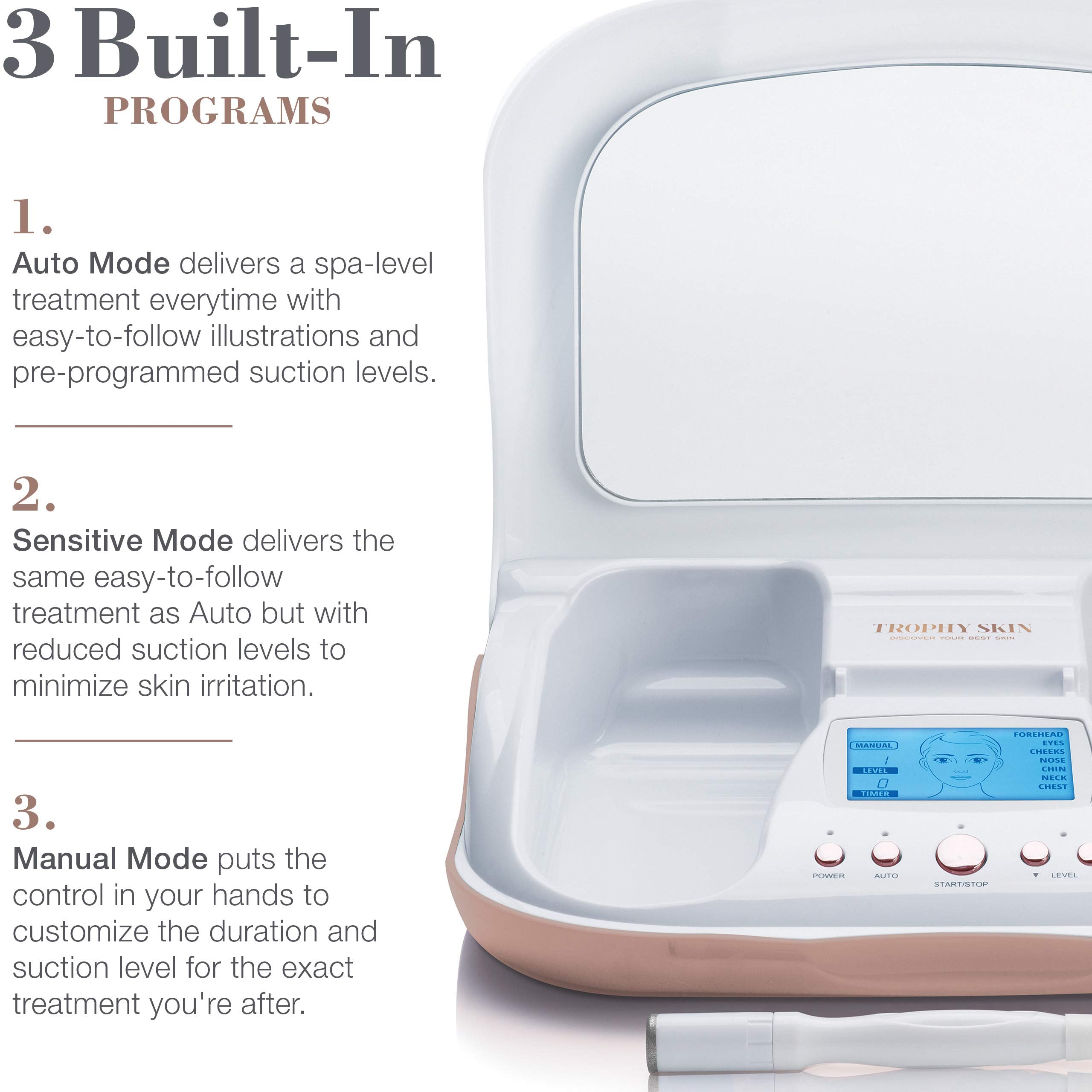 Trophy Skin MicrodermMD white kit showcasing interchangeable pore extractor tips and accessories
